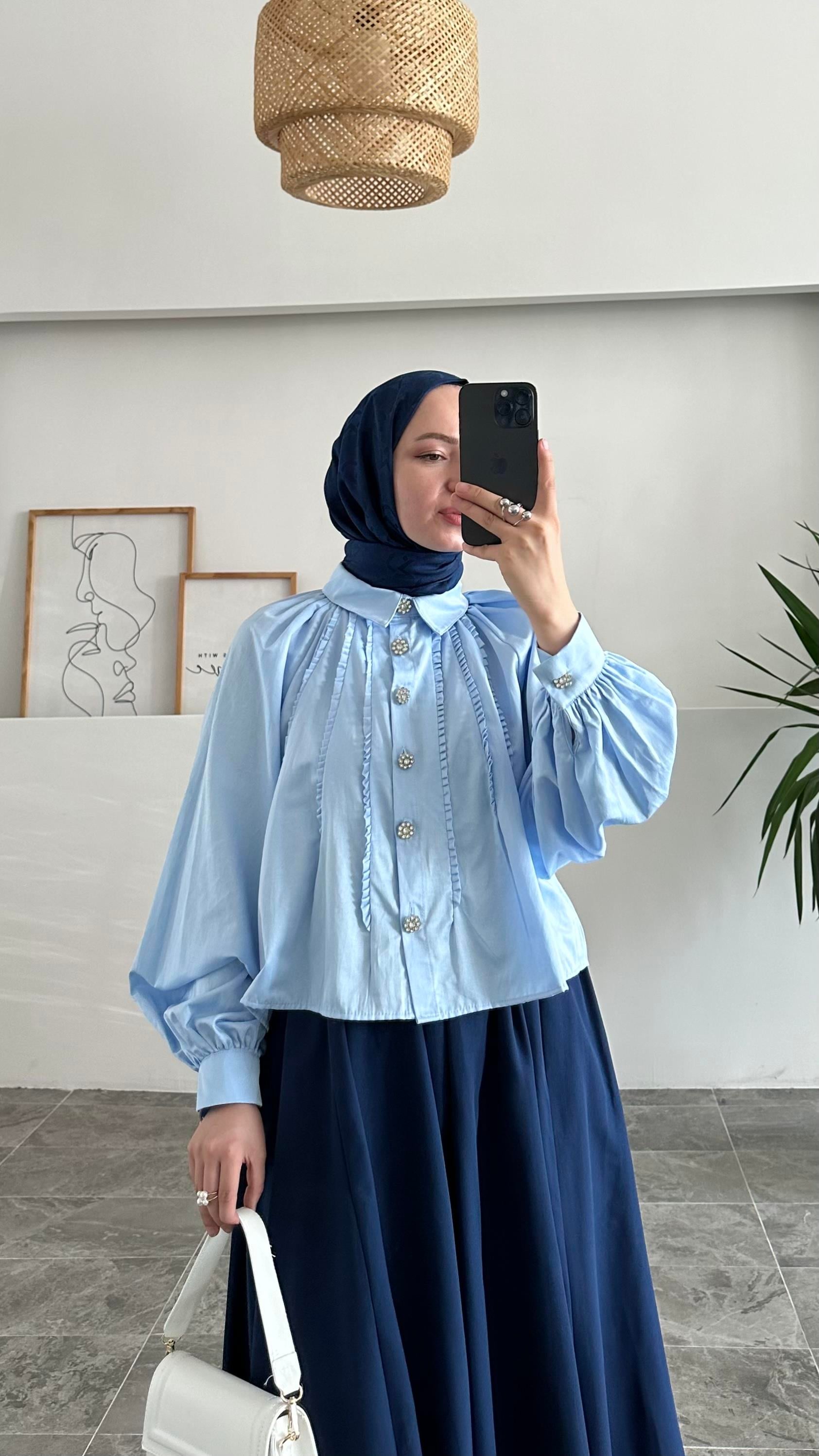 Abaa Premium Taş Düğmeli Mavi Gömlek