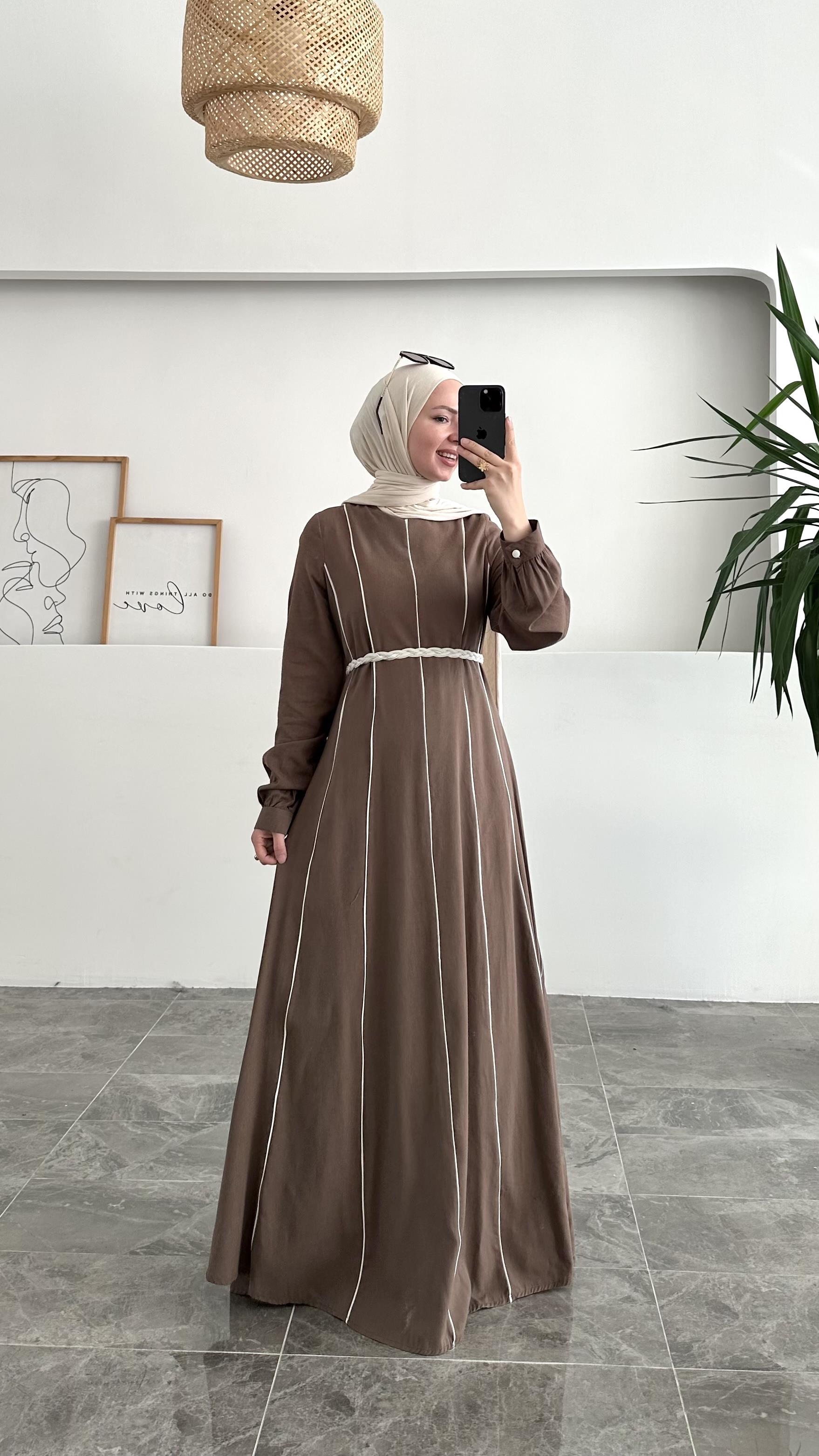 Abae Pinterest Biyeli Keten Kahverengi Elbise 