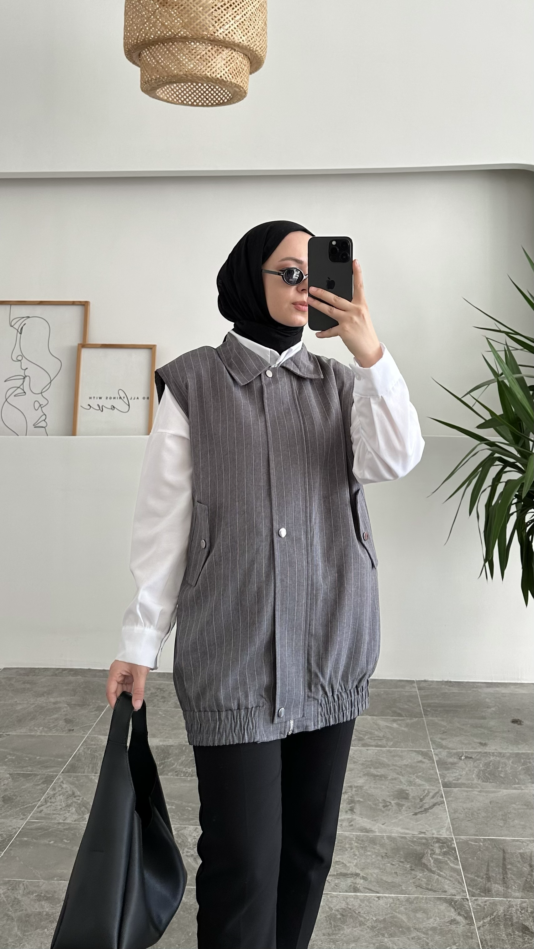 Abbaya Basic Çizgili Gri Yelek