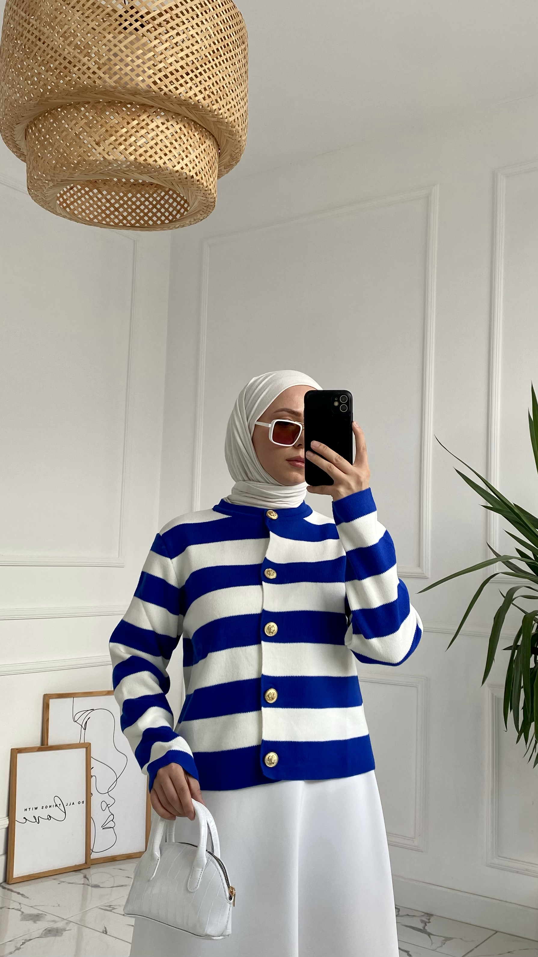 Abiga Saks Mavisi Zara Model Çizgili Kısa Triko Hırka