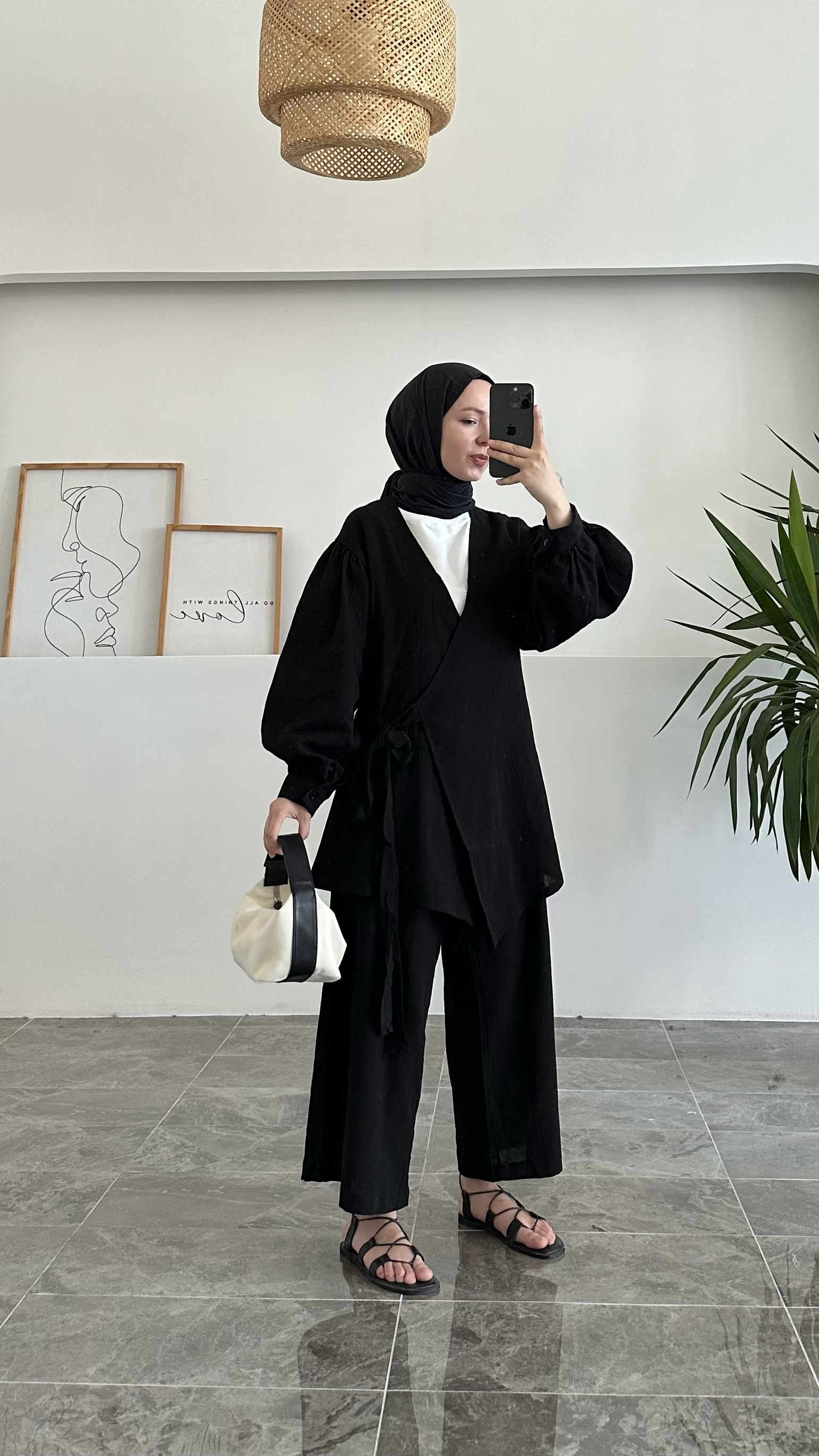 Acaz Siyah Keten Kimono Takım