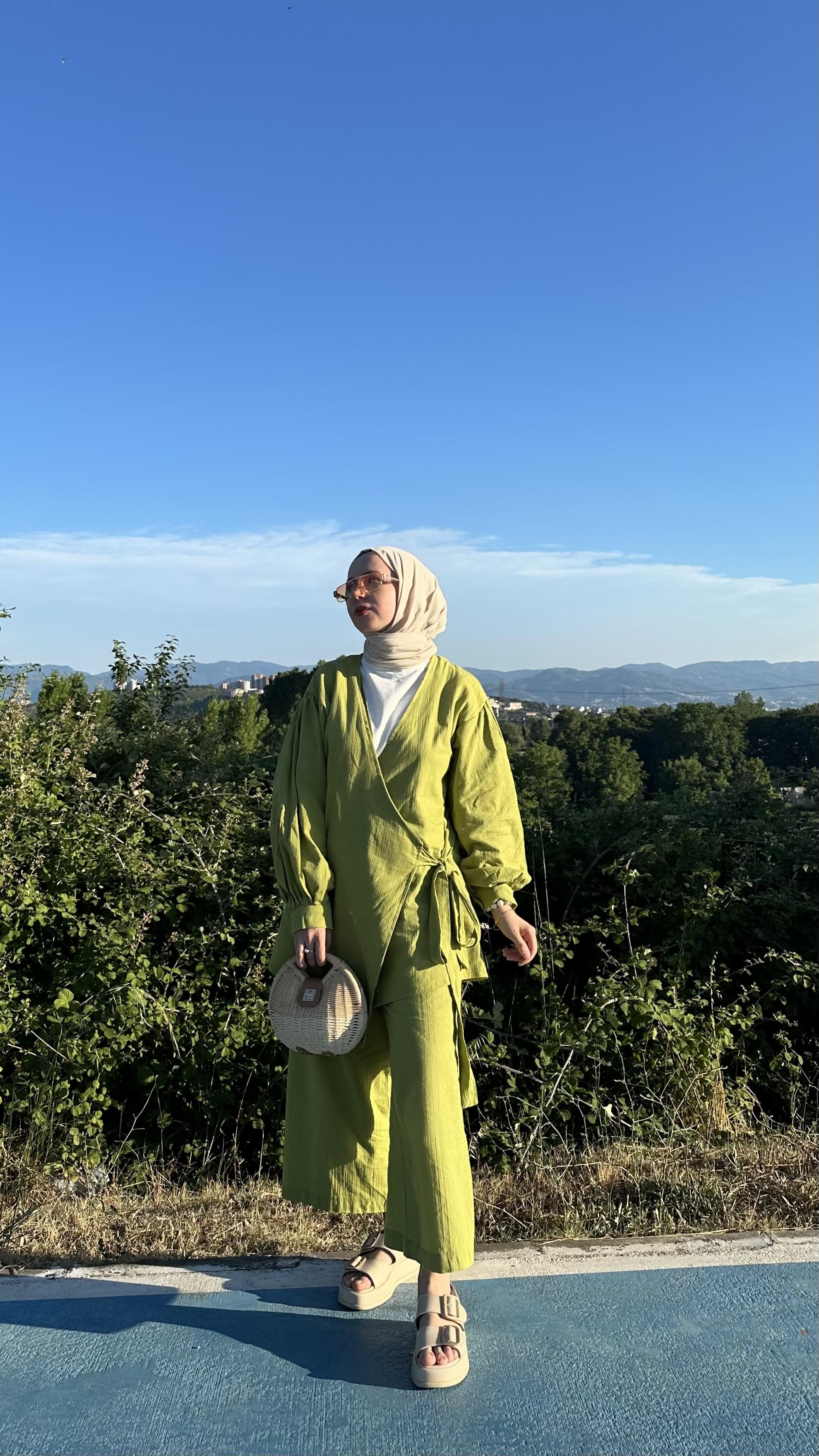 Acaz Yeşil Keten Kimono Takım