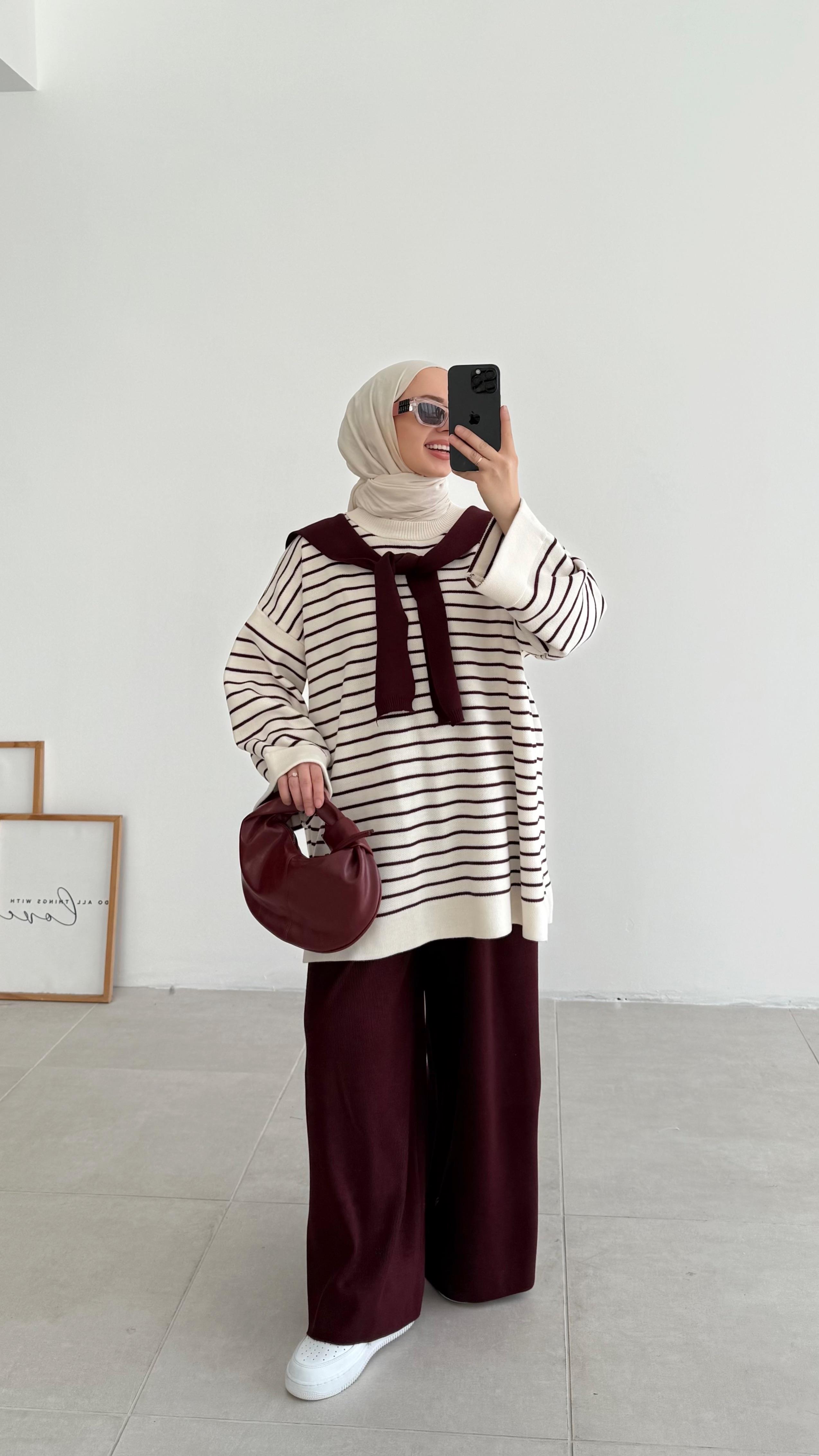 Adelo Premıum Kapsül Bordo Çizgili Triko Takım