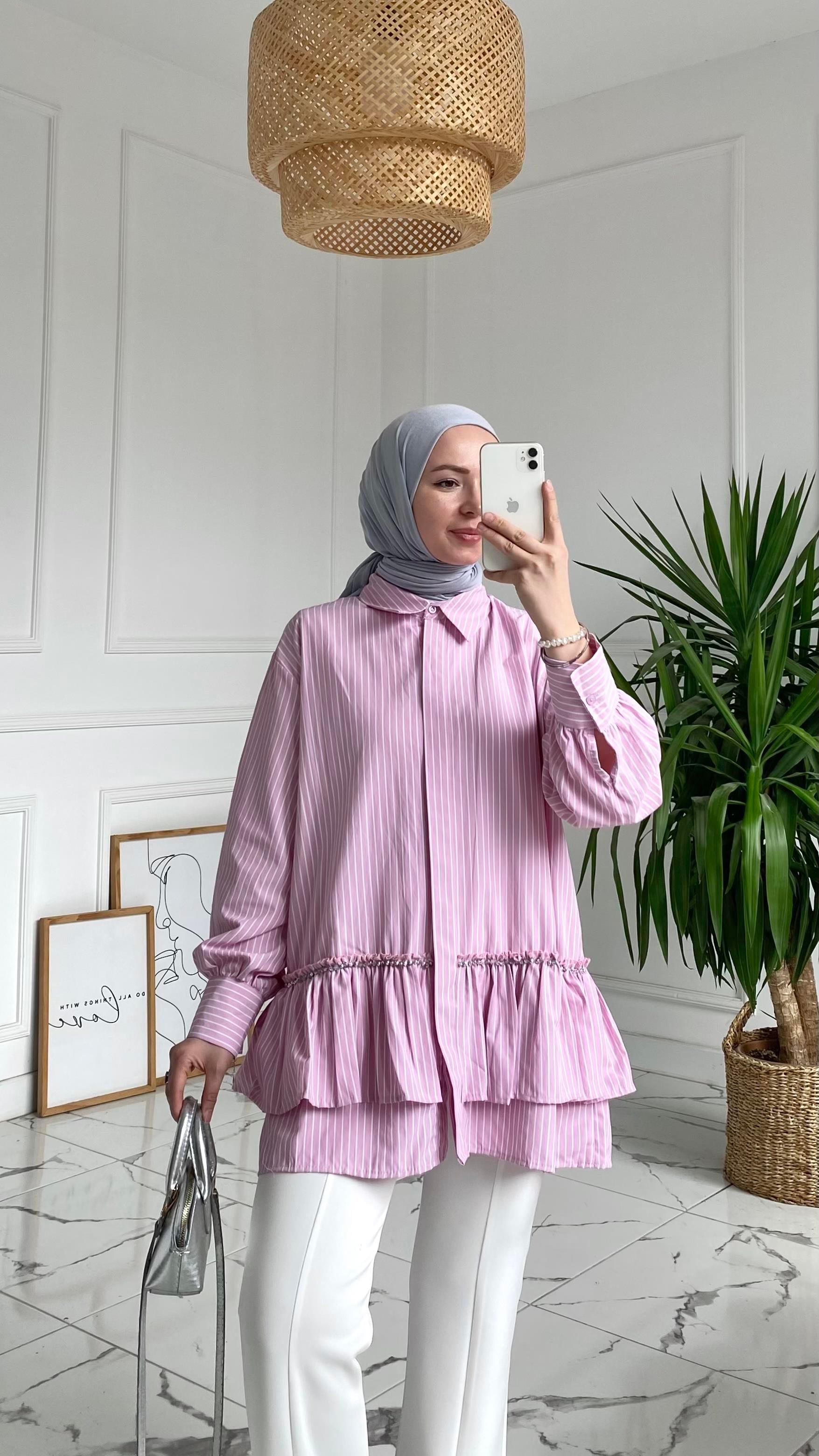 Alas Taş Detaylı Pembe Çizgili Gömlek