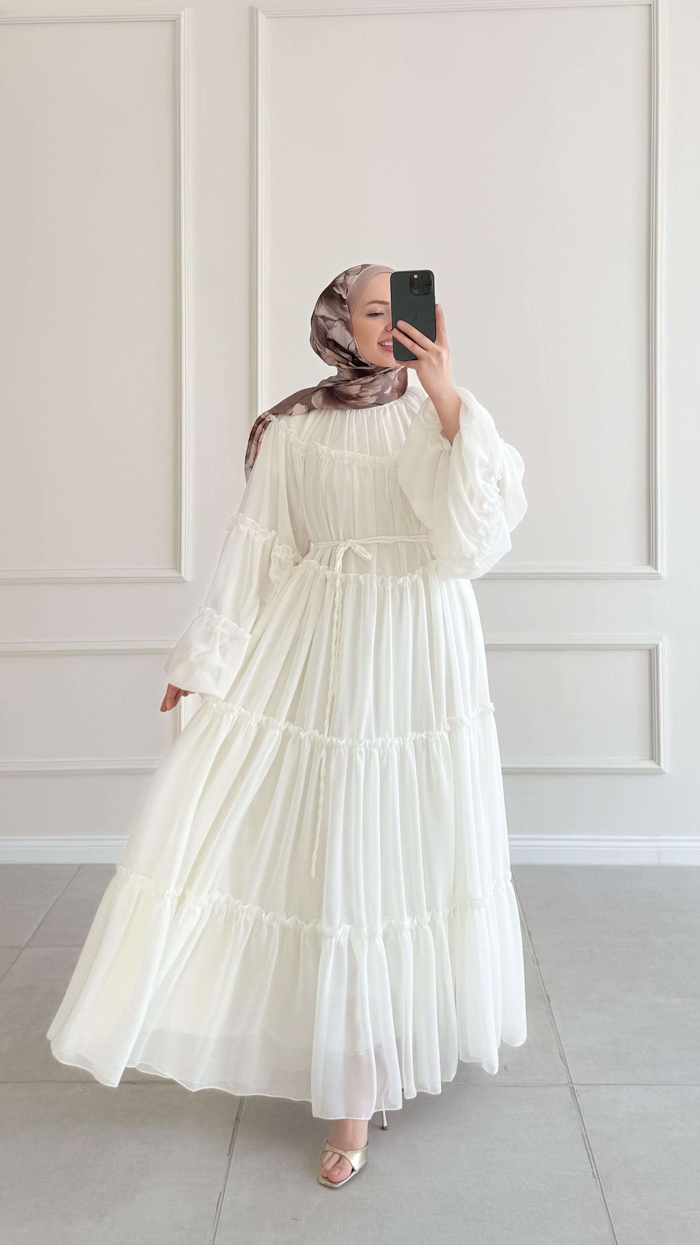 Alessia Fırfırlı Ekru Şifon Elbise 