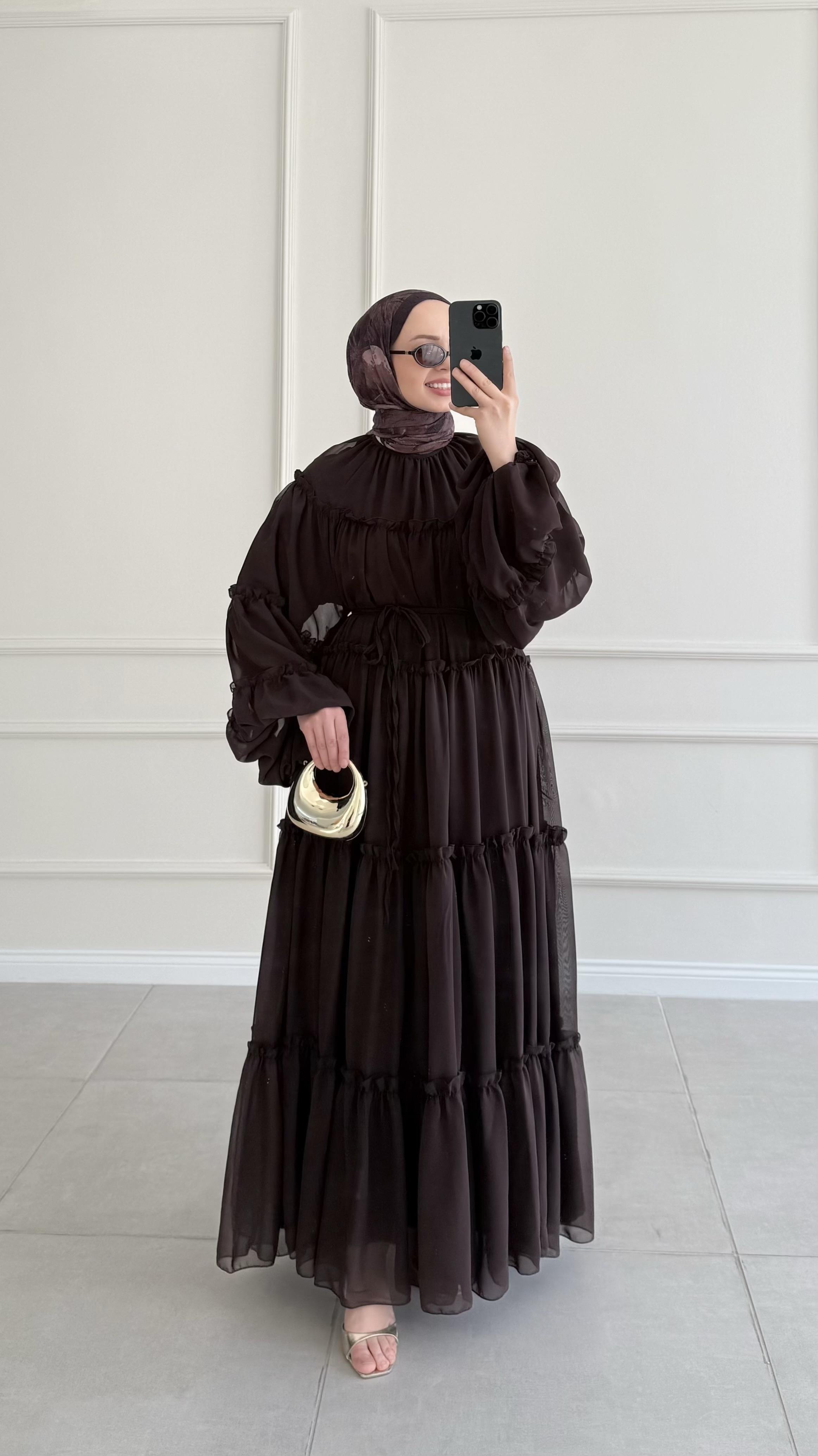 Alessia Fırfırlı Kahverengi Şifon Elbise 