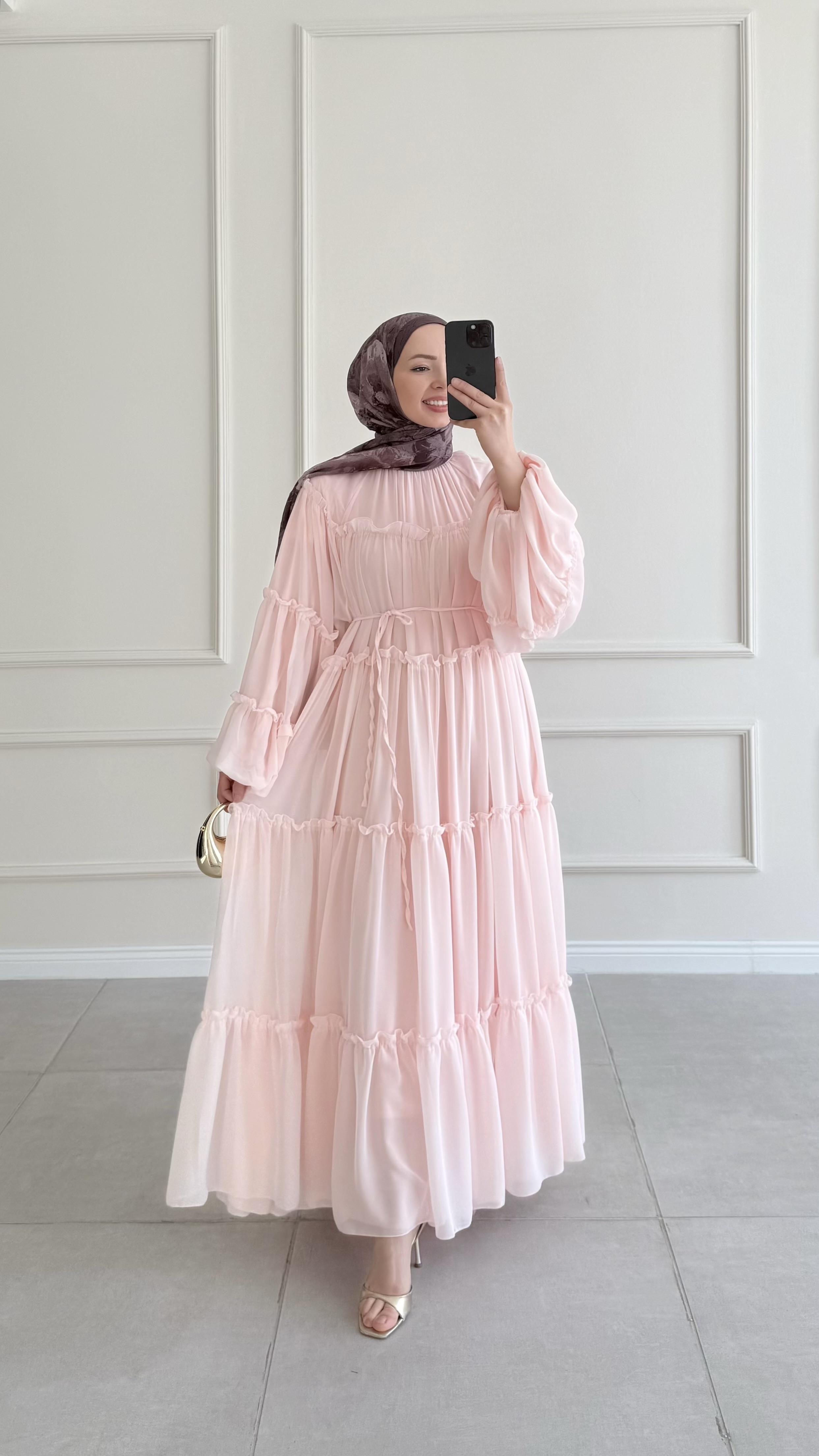 Alessia Fırfırlı Pembe Şifon Elbise 