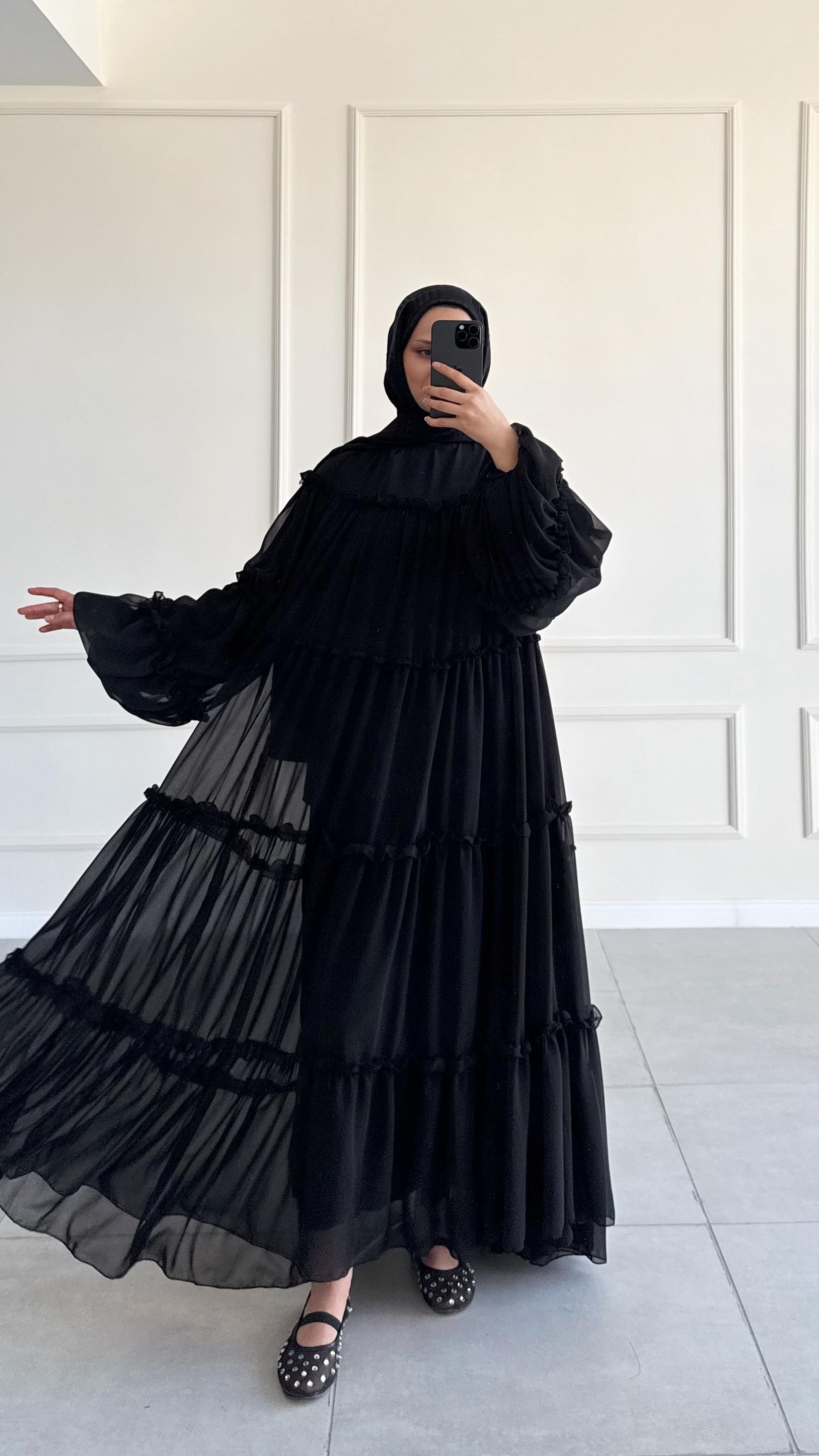 Alessia Fırfırlı Siyah Şifon Elbise 