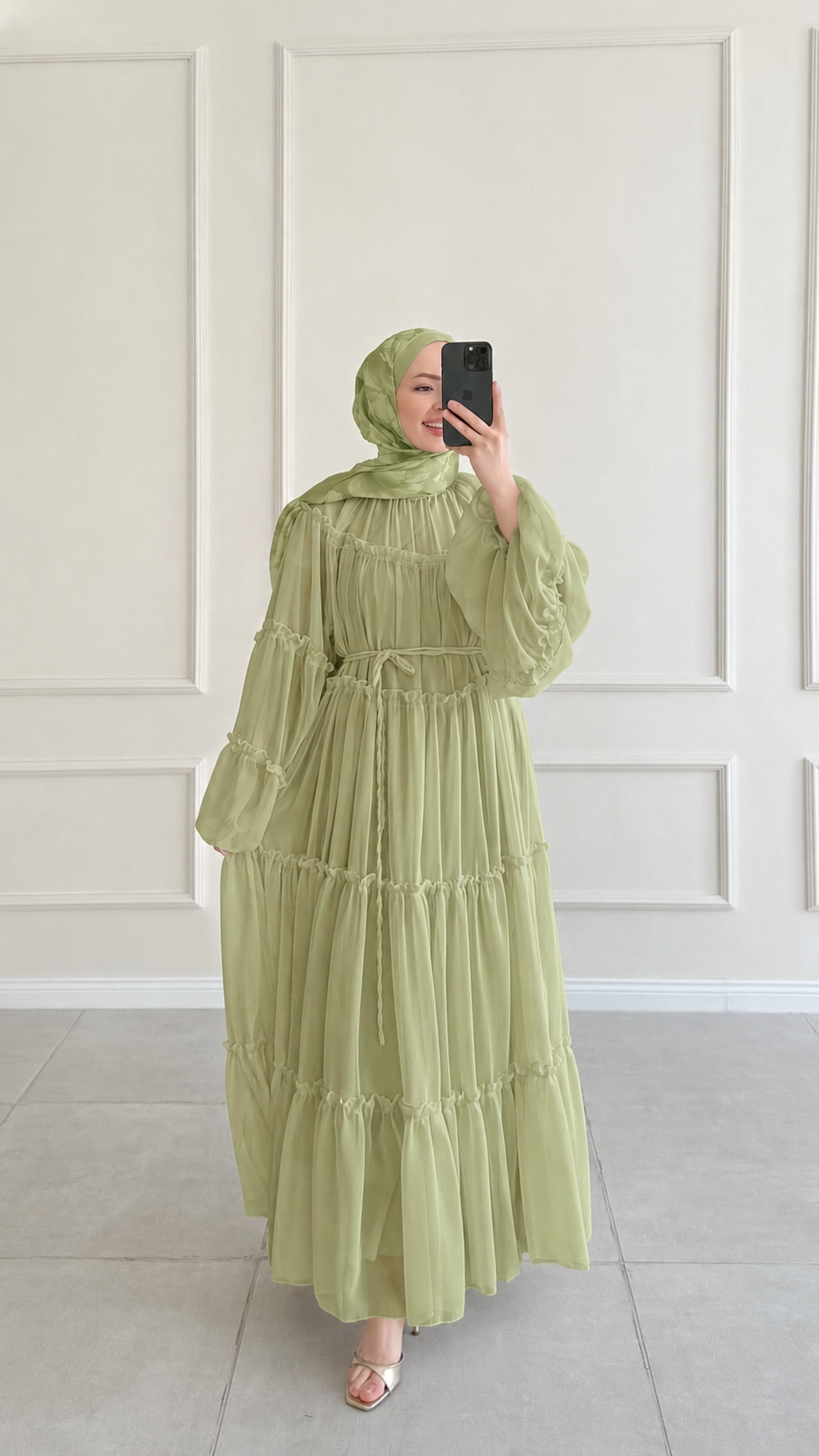 Alessia Fırfırlı Yeşil Şifon Elbise 
