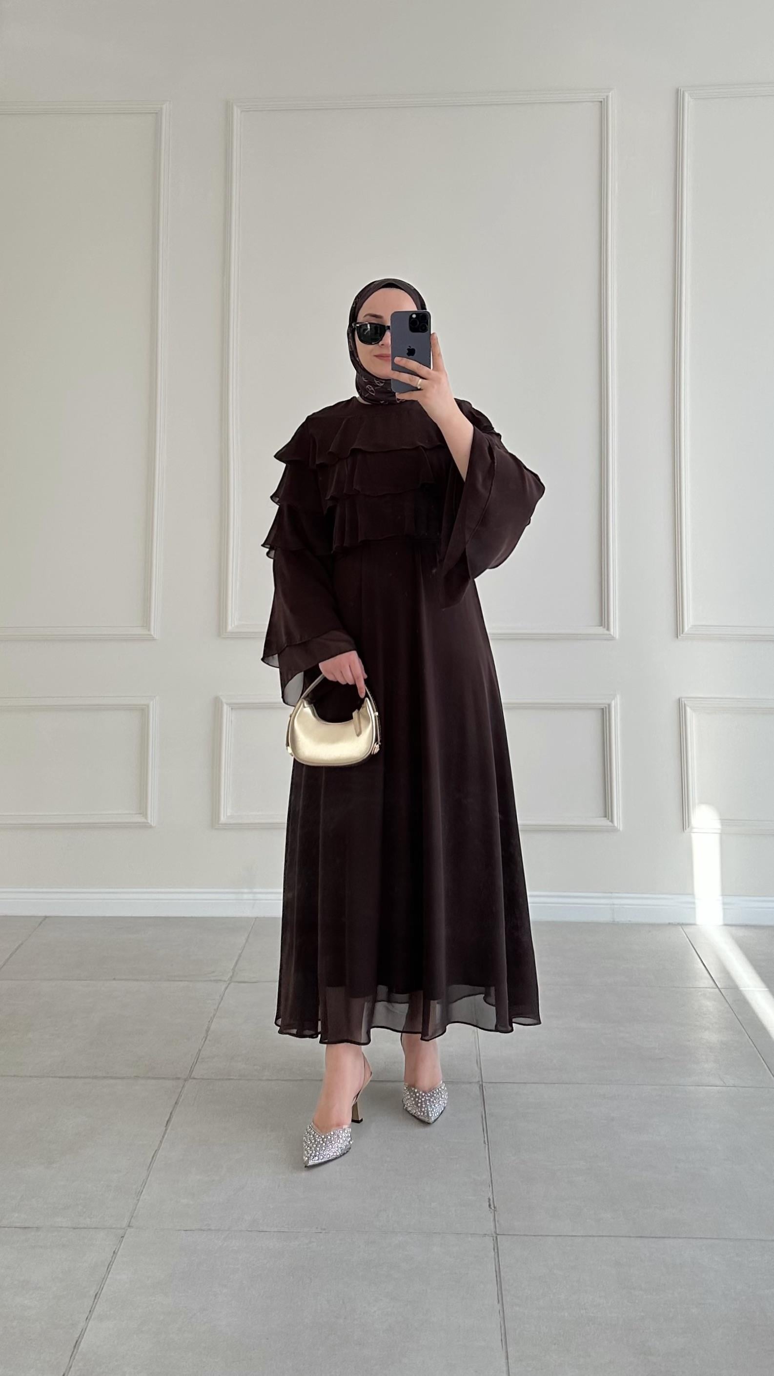 Almira Premium Şifon Kahverengi Elbise