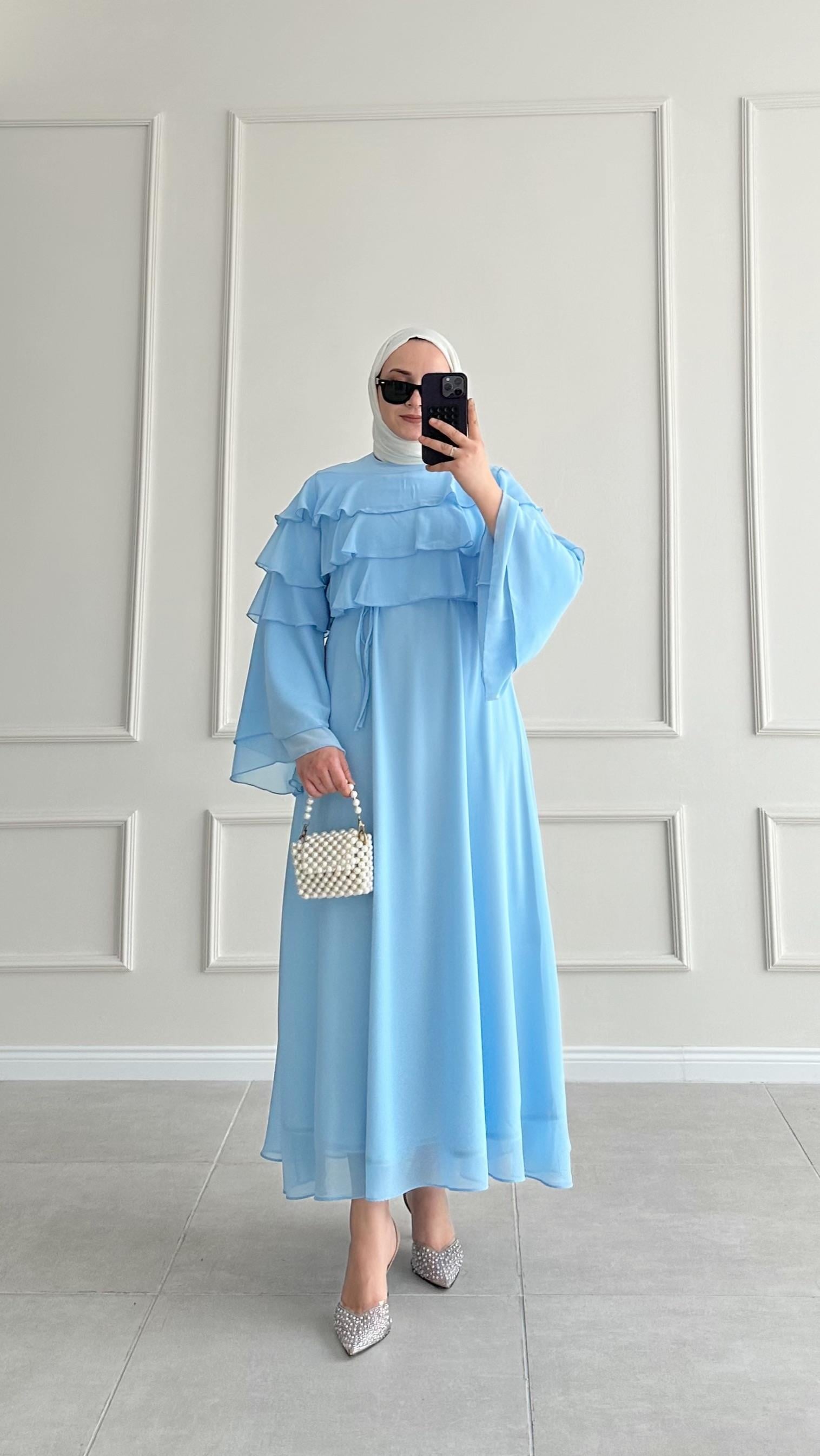 Almira Premium Şifon Mavi Elbise