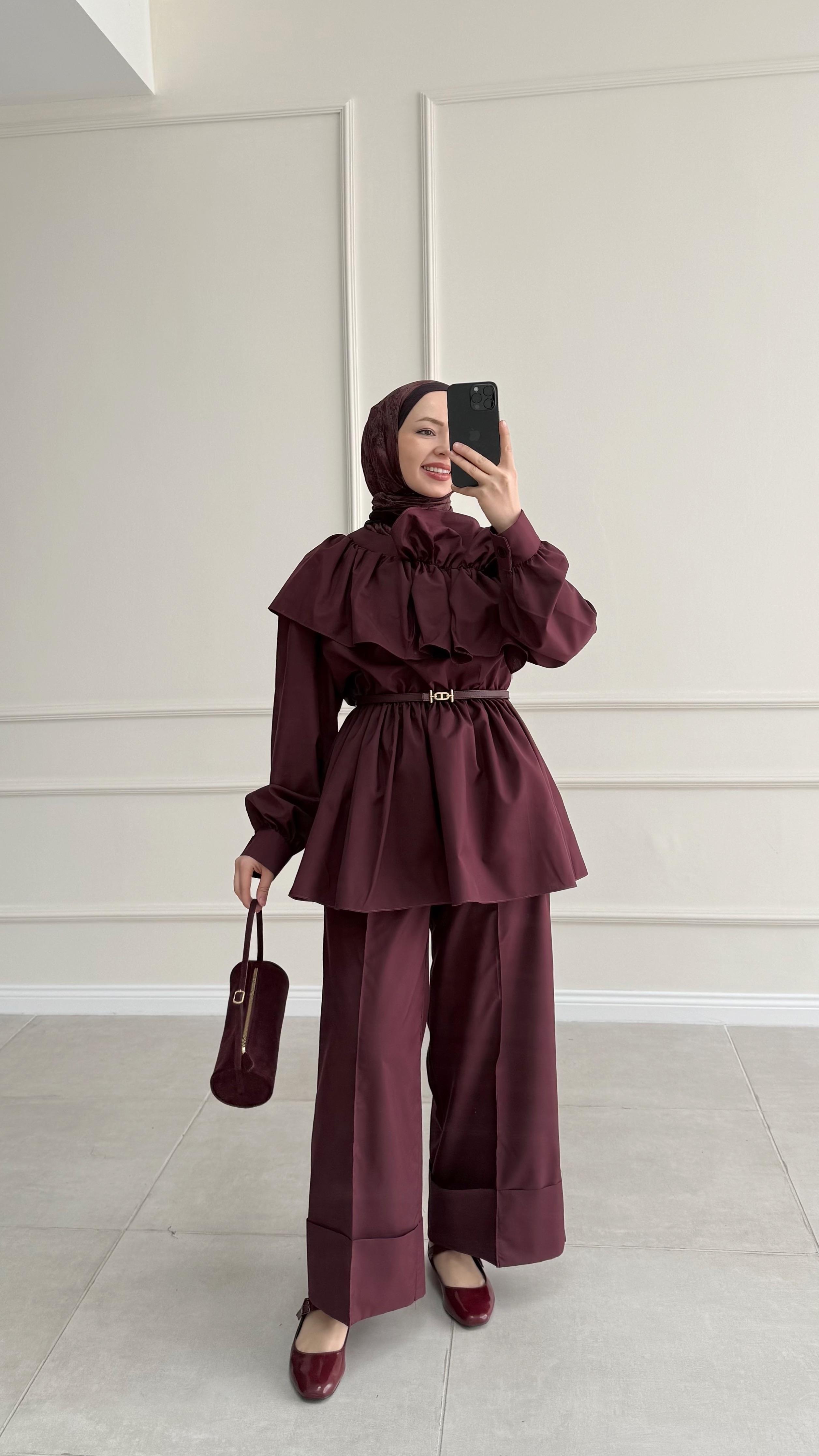 Alve Beli Lastikli Yaka Tasarımlı Premium Bordo Takım