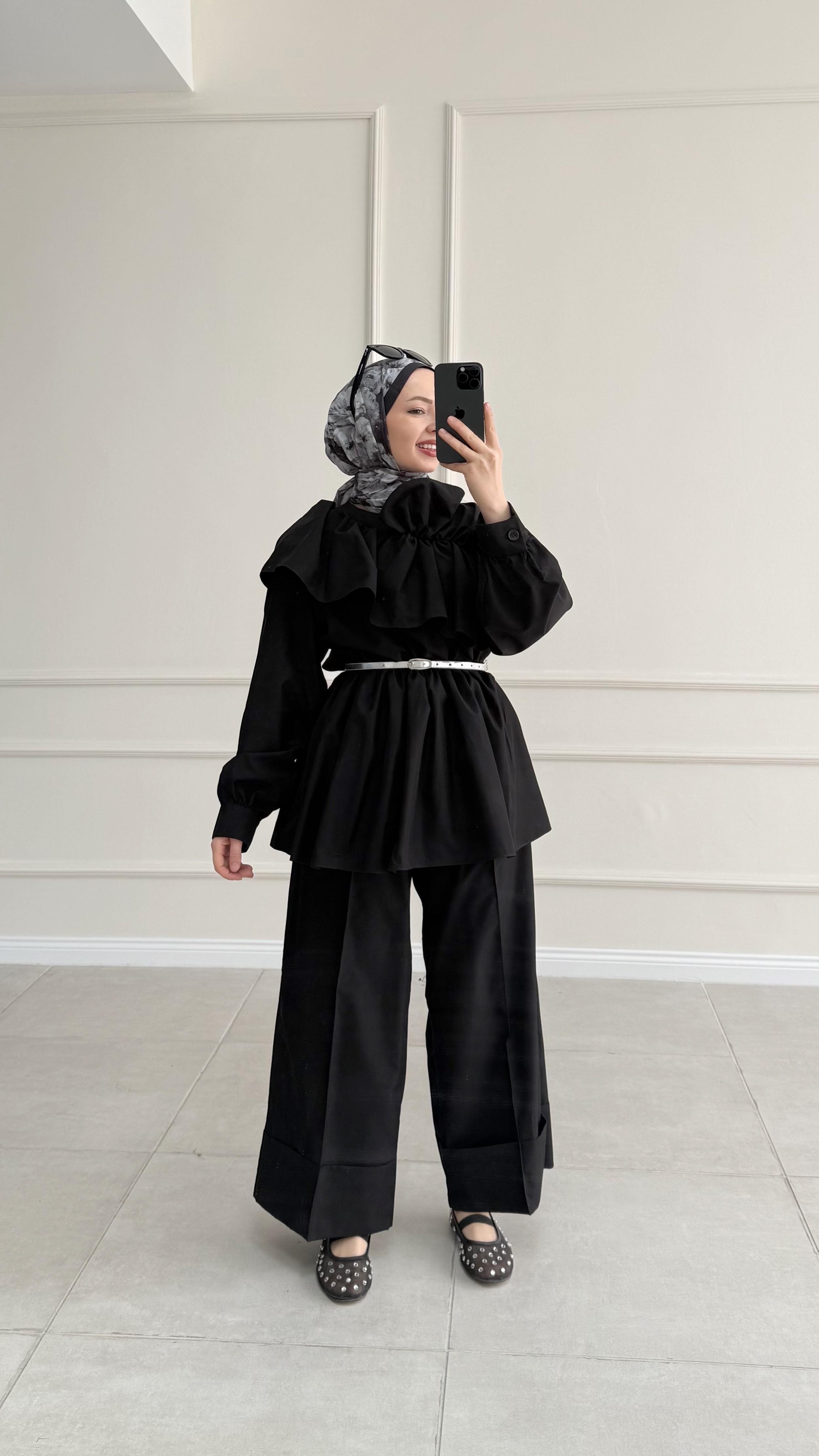 Alve Beli Lastikli Yaka Tasarımlı Premium Siyah Takım