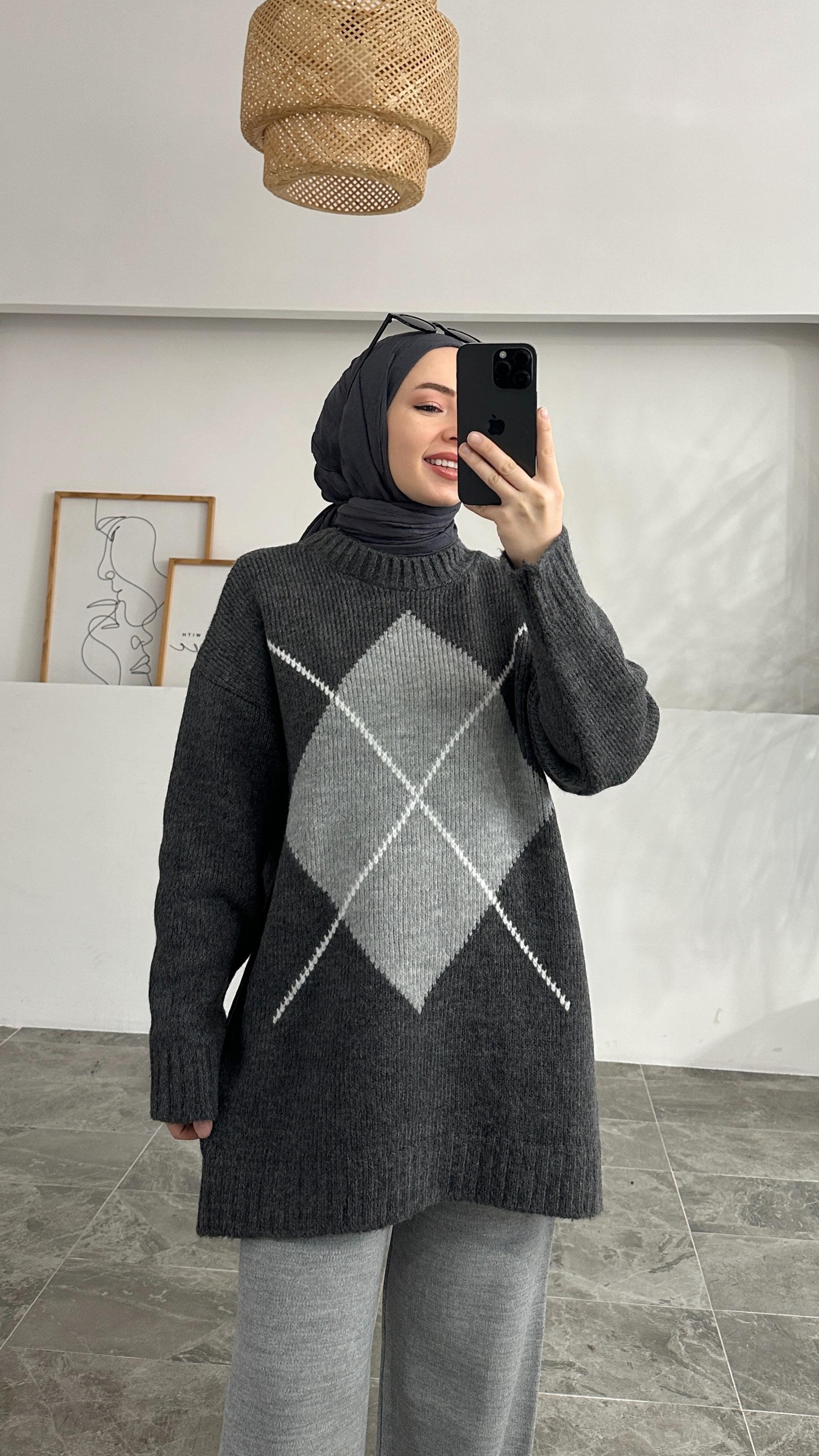 Amerin Baklava Desen Gri Kazak