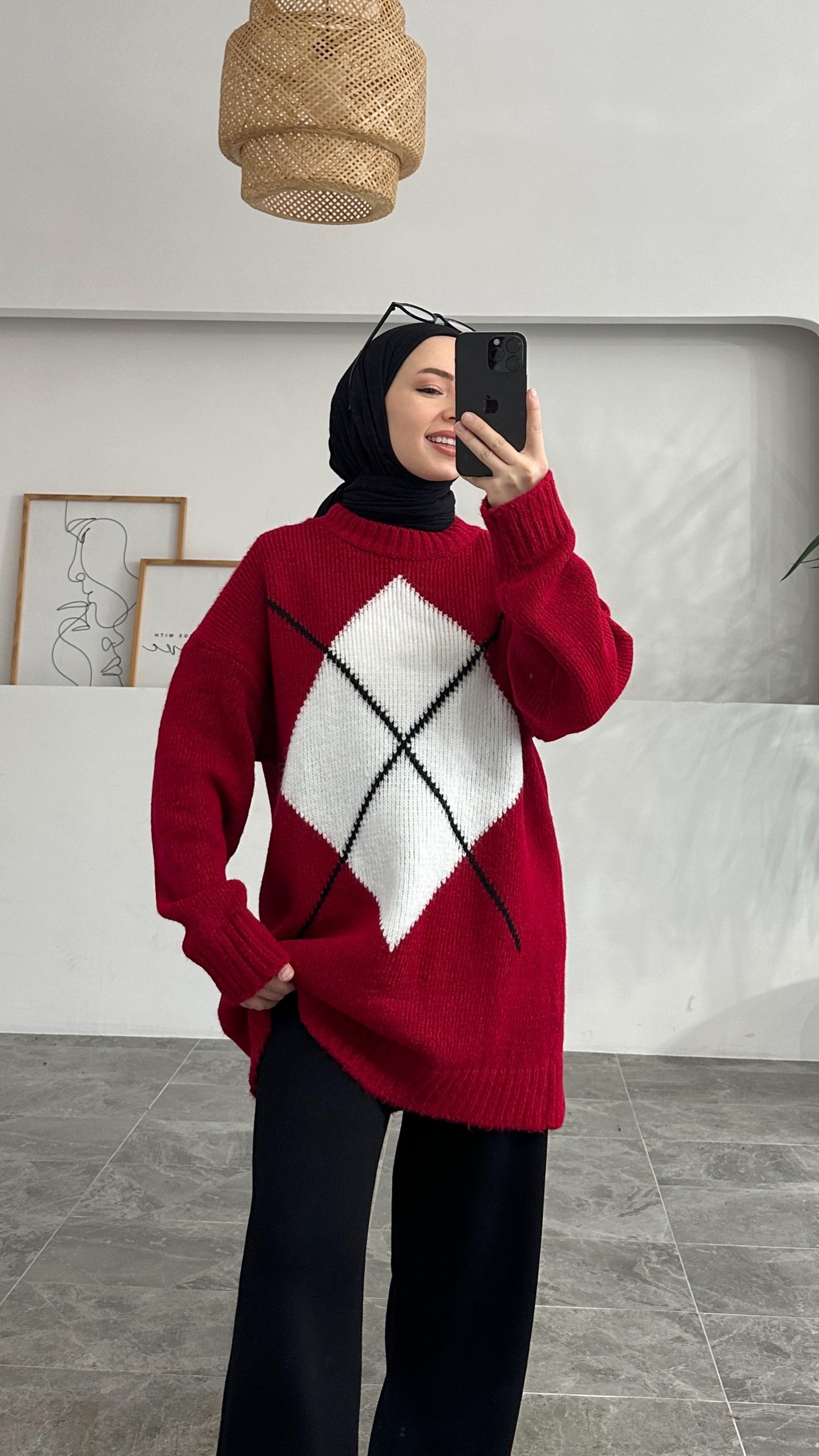 Amerin Baklava Desen Kırmızı Kazak