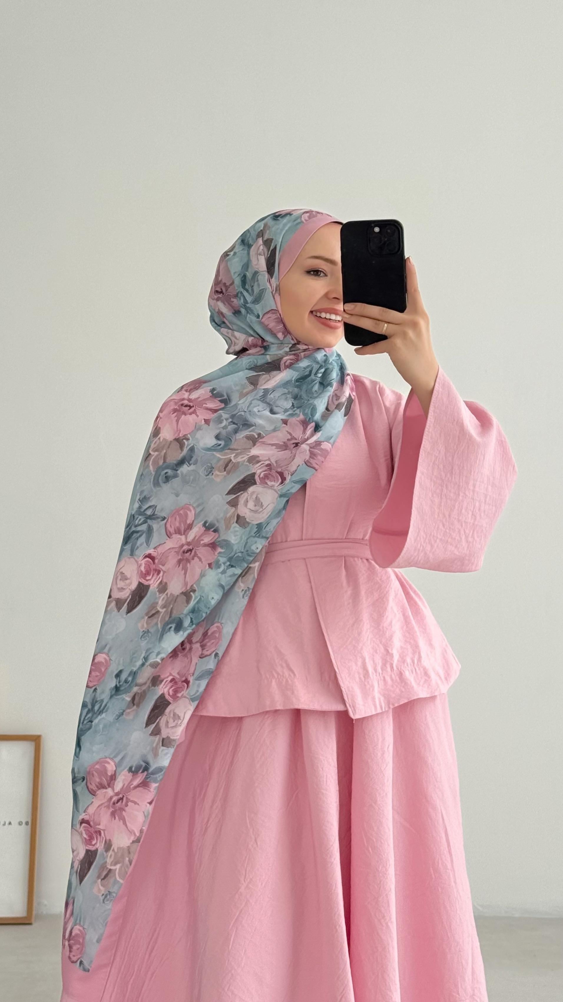 Anel Çiçek Desenli İpek Pembe-Mavi Şal