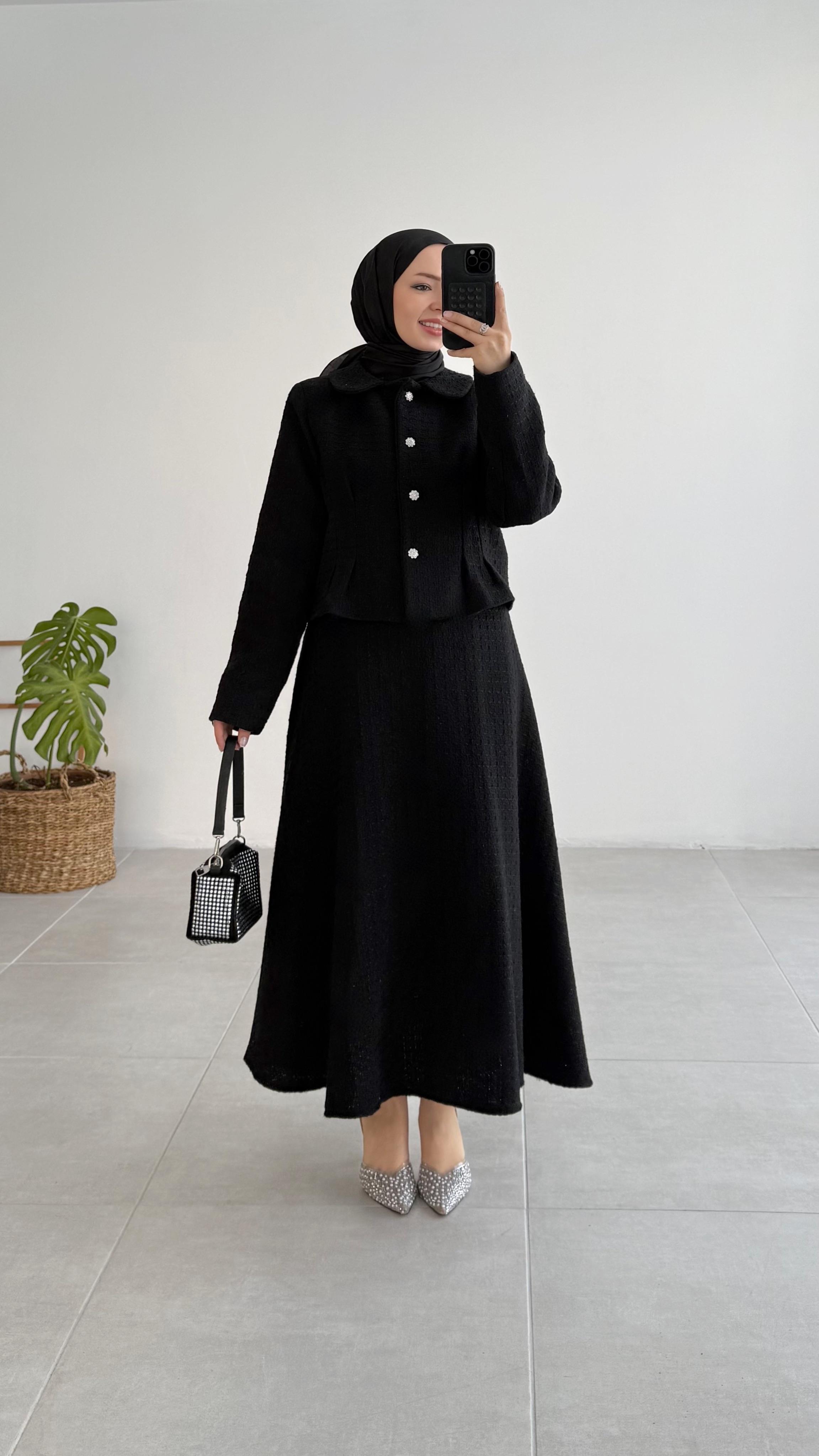 Angel Pens Dikiş Detaylı Tüvit Siyah Etek Takım