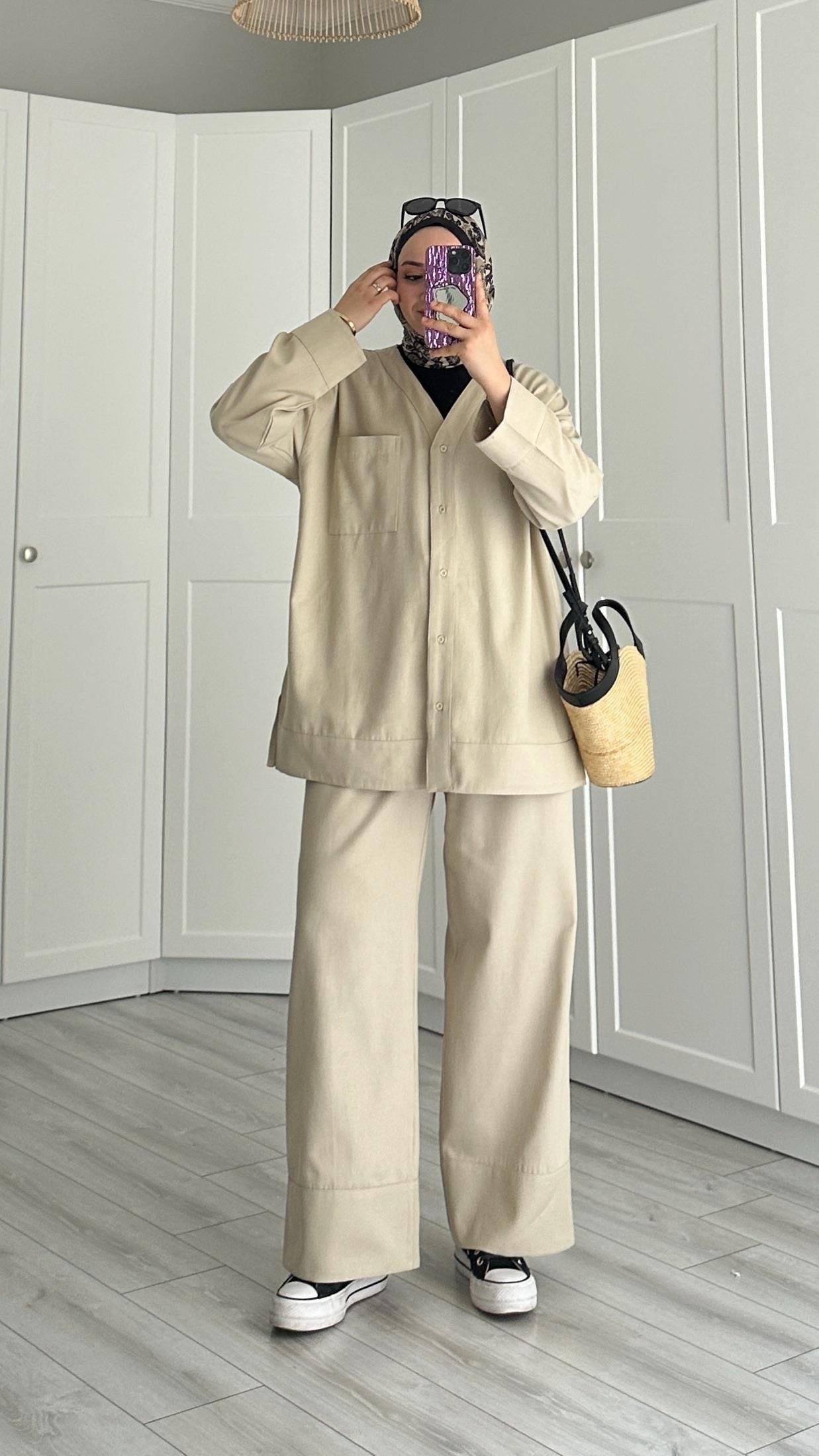 Anka V Yaka Cepli Keten Krem Takım