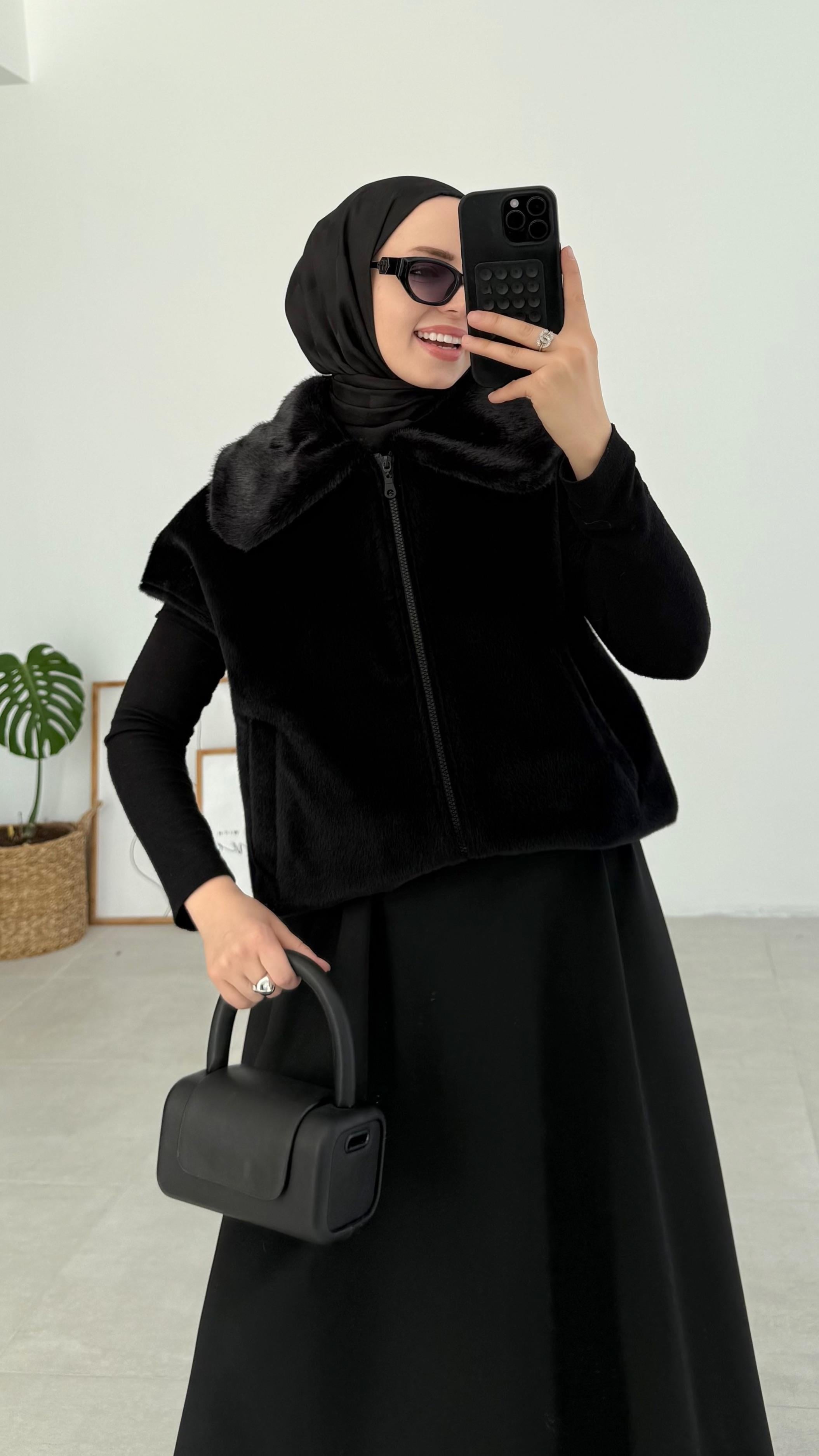 Anoll Kürk Yaka Kaşe Siyah Yelek