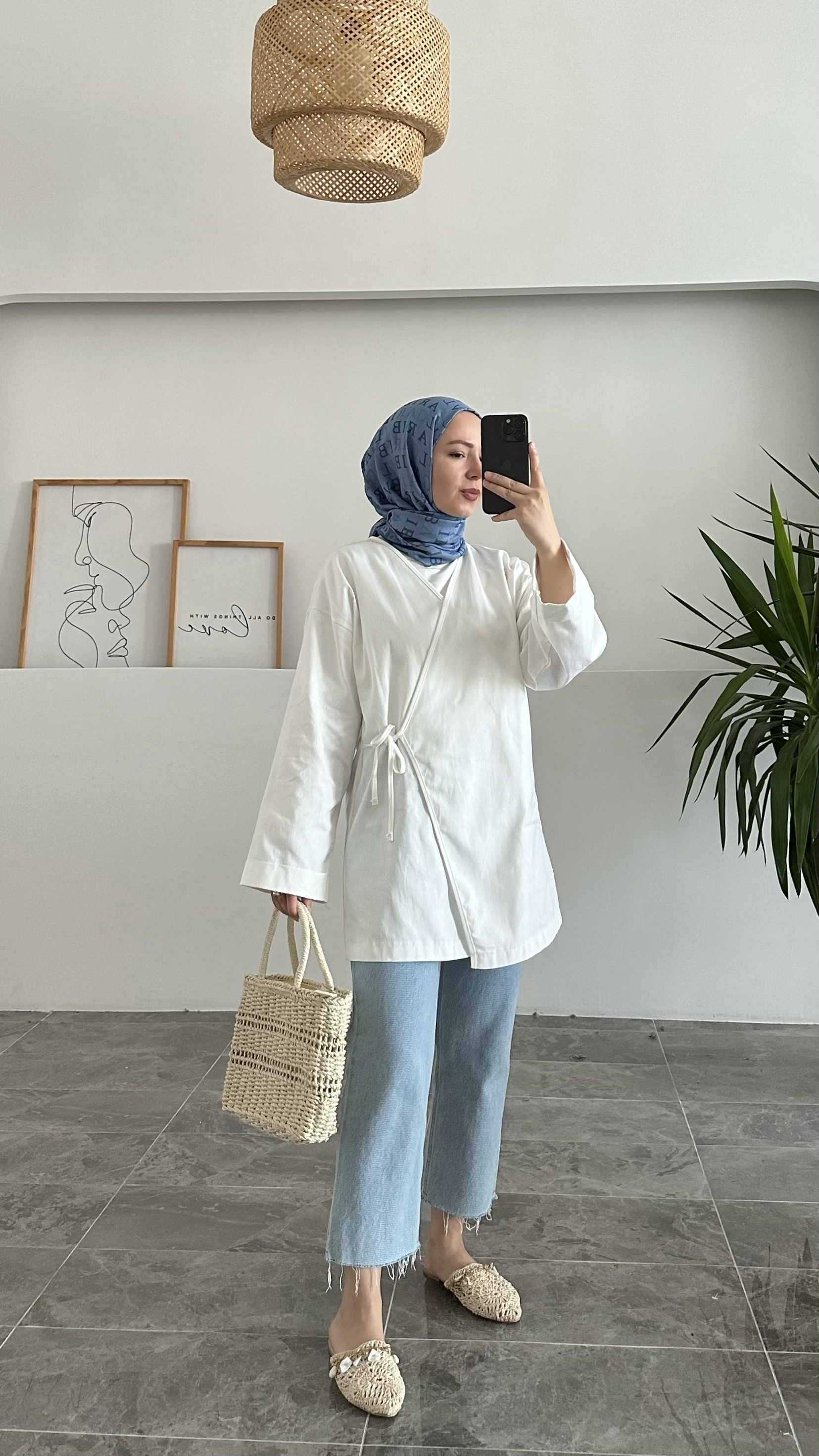 Apay Bağlamalı Beyaz Keten Kimono