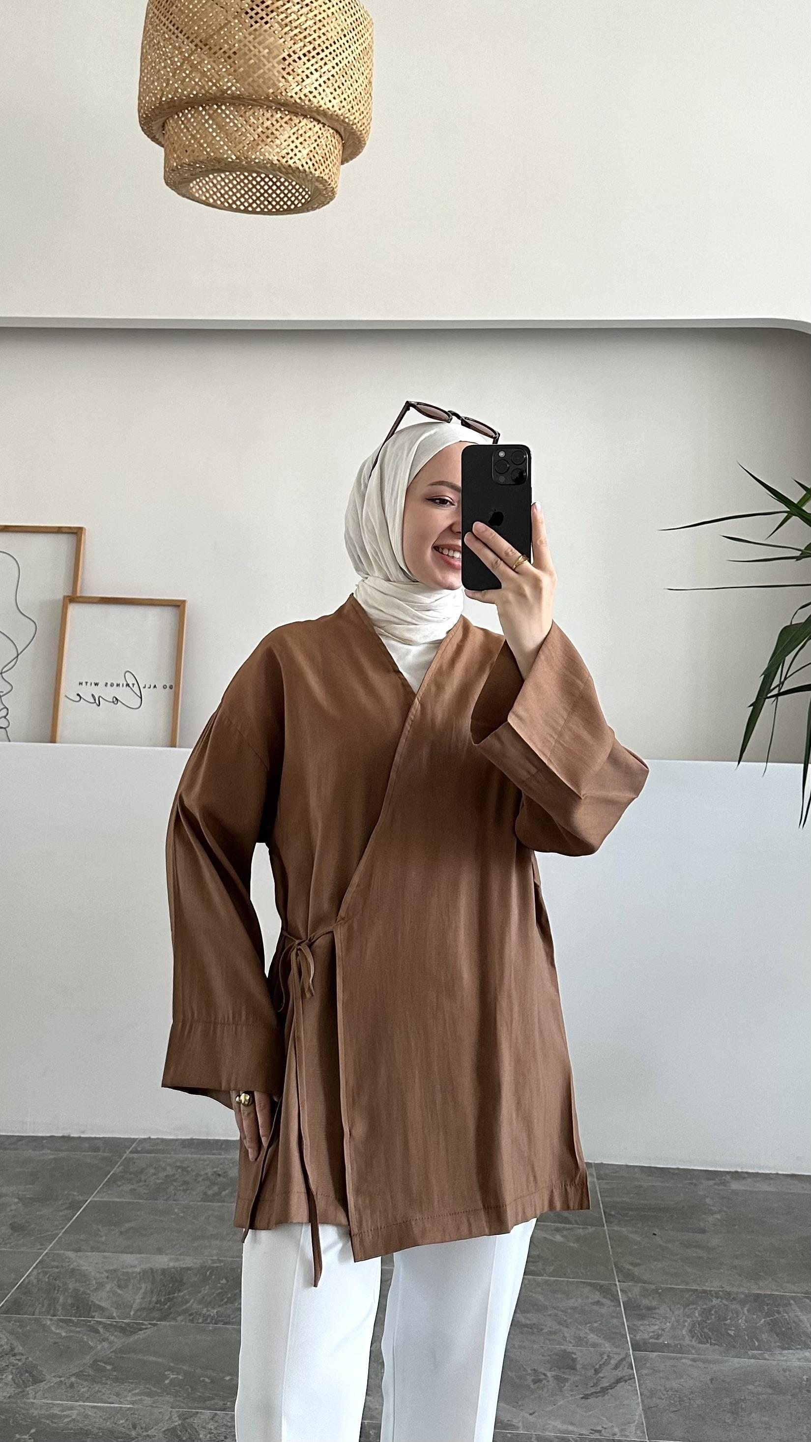 Apay Bağlamalı Kahve Keten Kimono