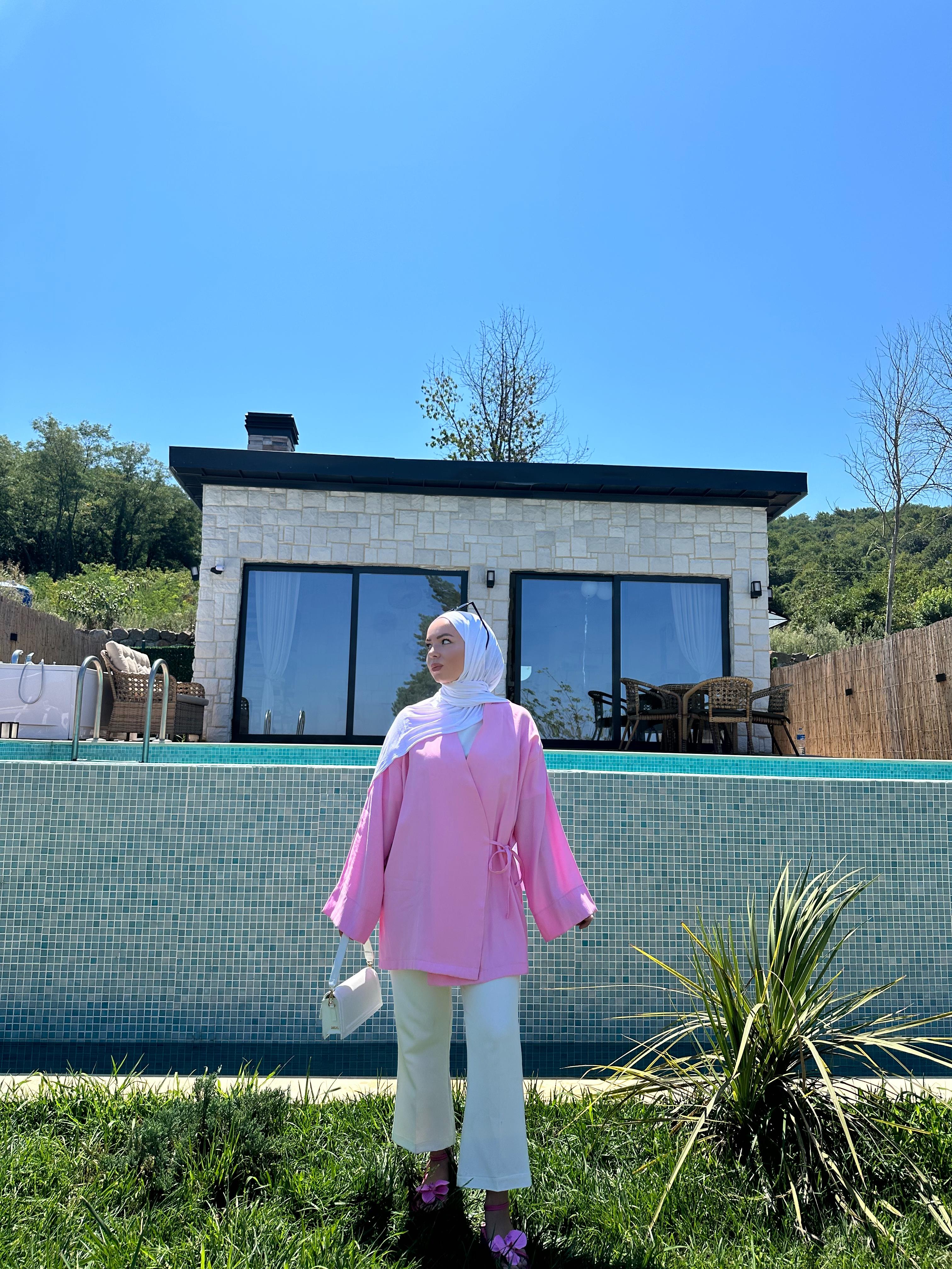 Apay Bağlamalı Pembe Keten Kimono