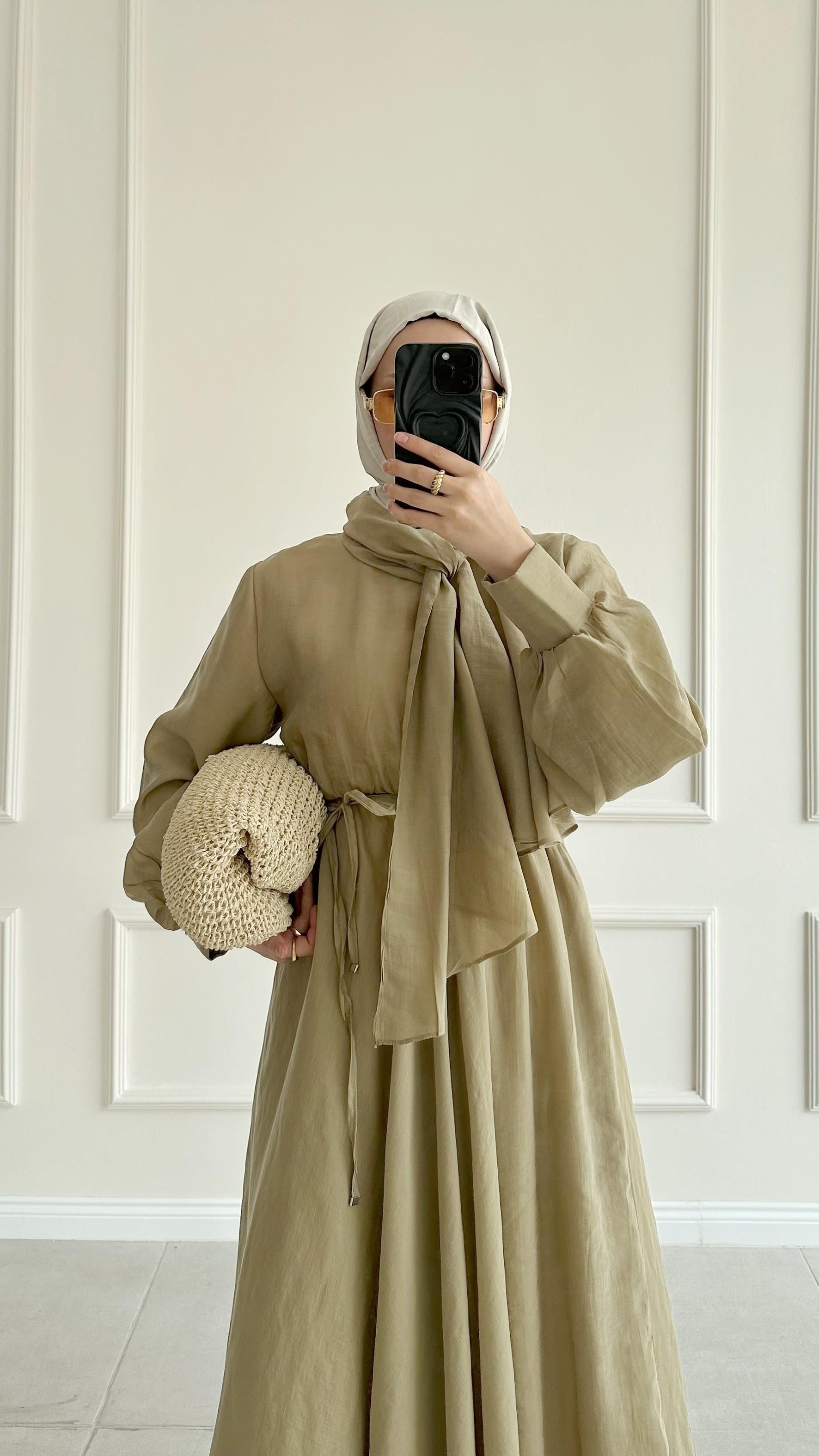 Asenta Fularlı Mendil Yaka Yağ Yeşili Elbise