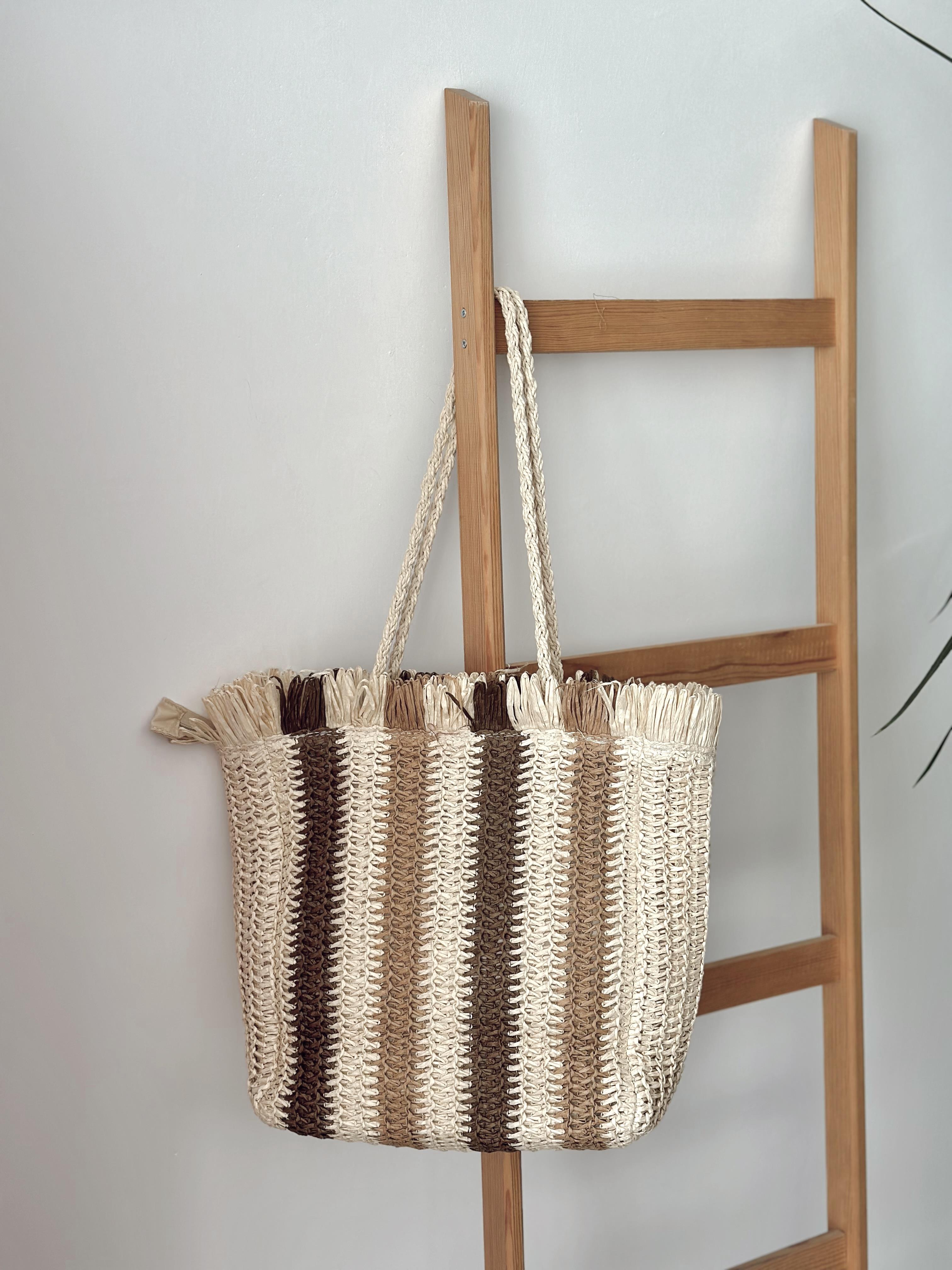 Astarlı Çizgili Hasır Kadın Çanta