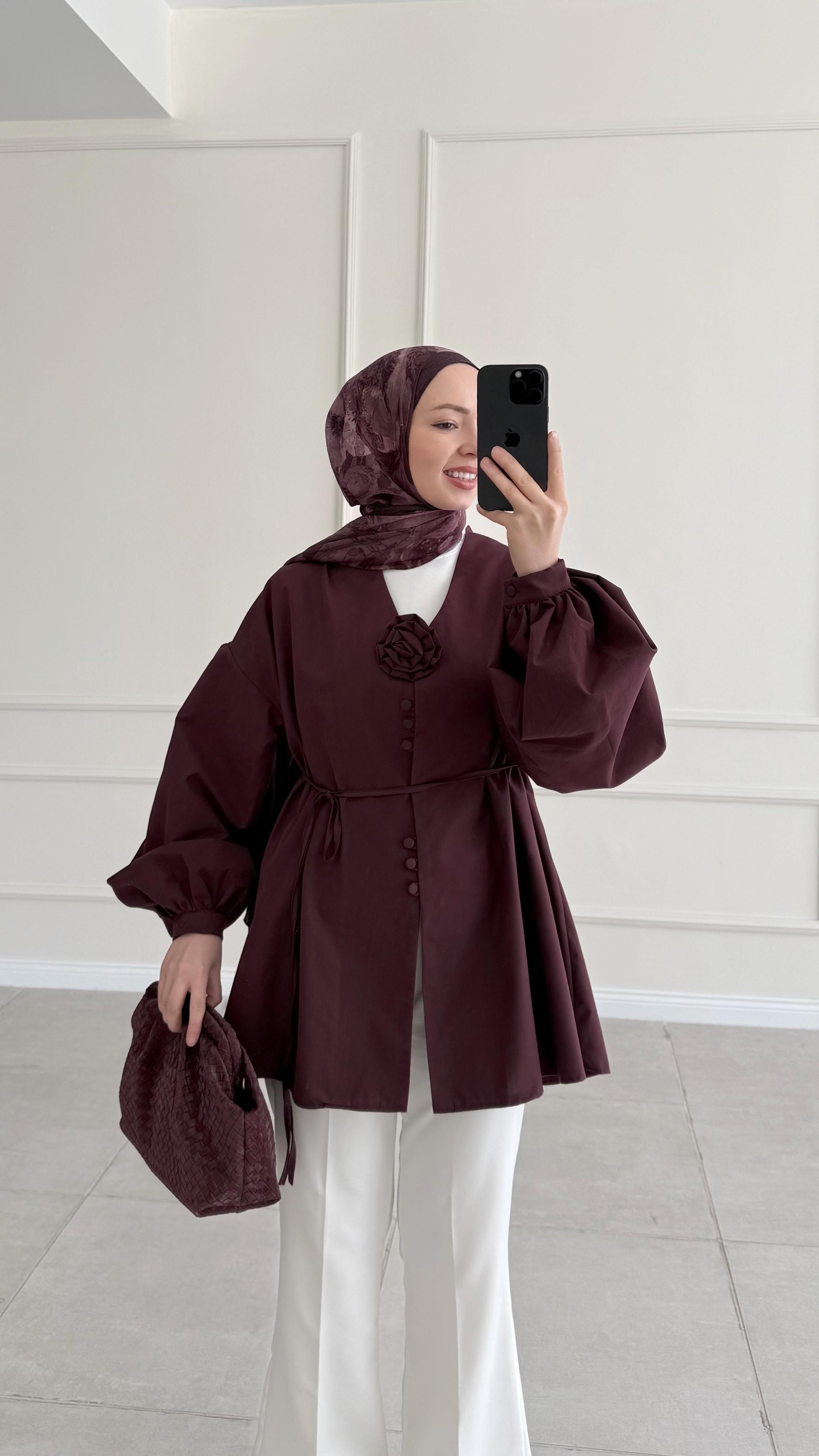 Asya Çiçek Detaylı Bordo Gömlek