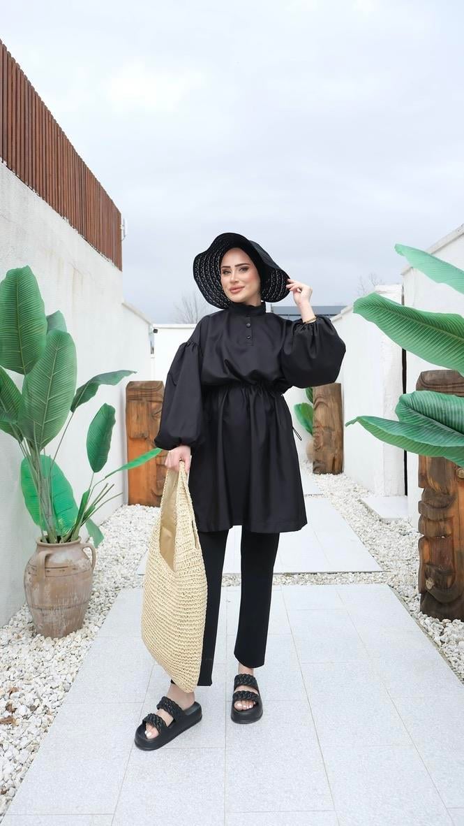 Balon Kol Bel Bağlamalı Çıtçıtlı Oversize Kesim Tesettür Siyah Mayo