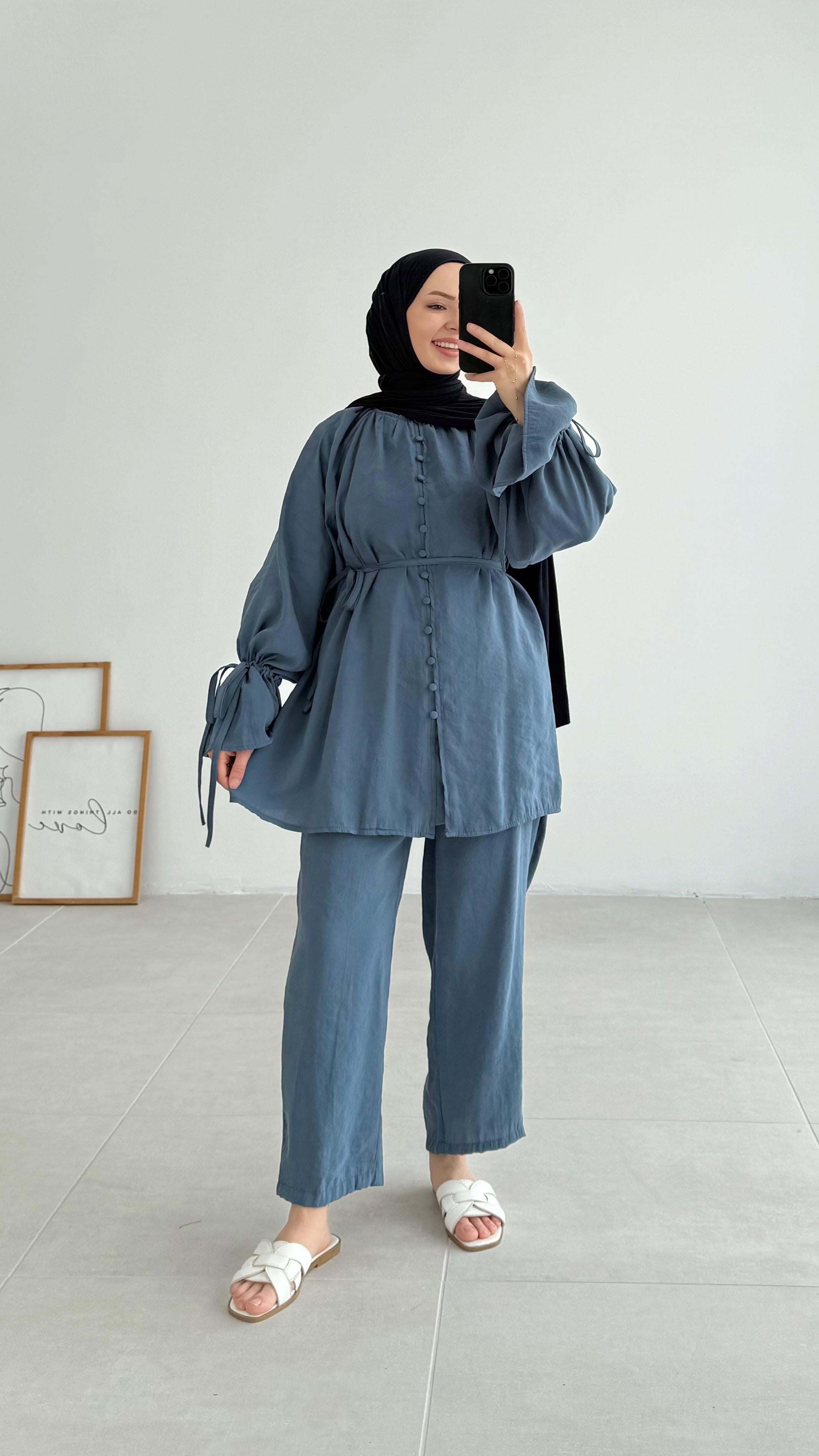 Benne Brit Düğmeli Tensel İndigo Takım