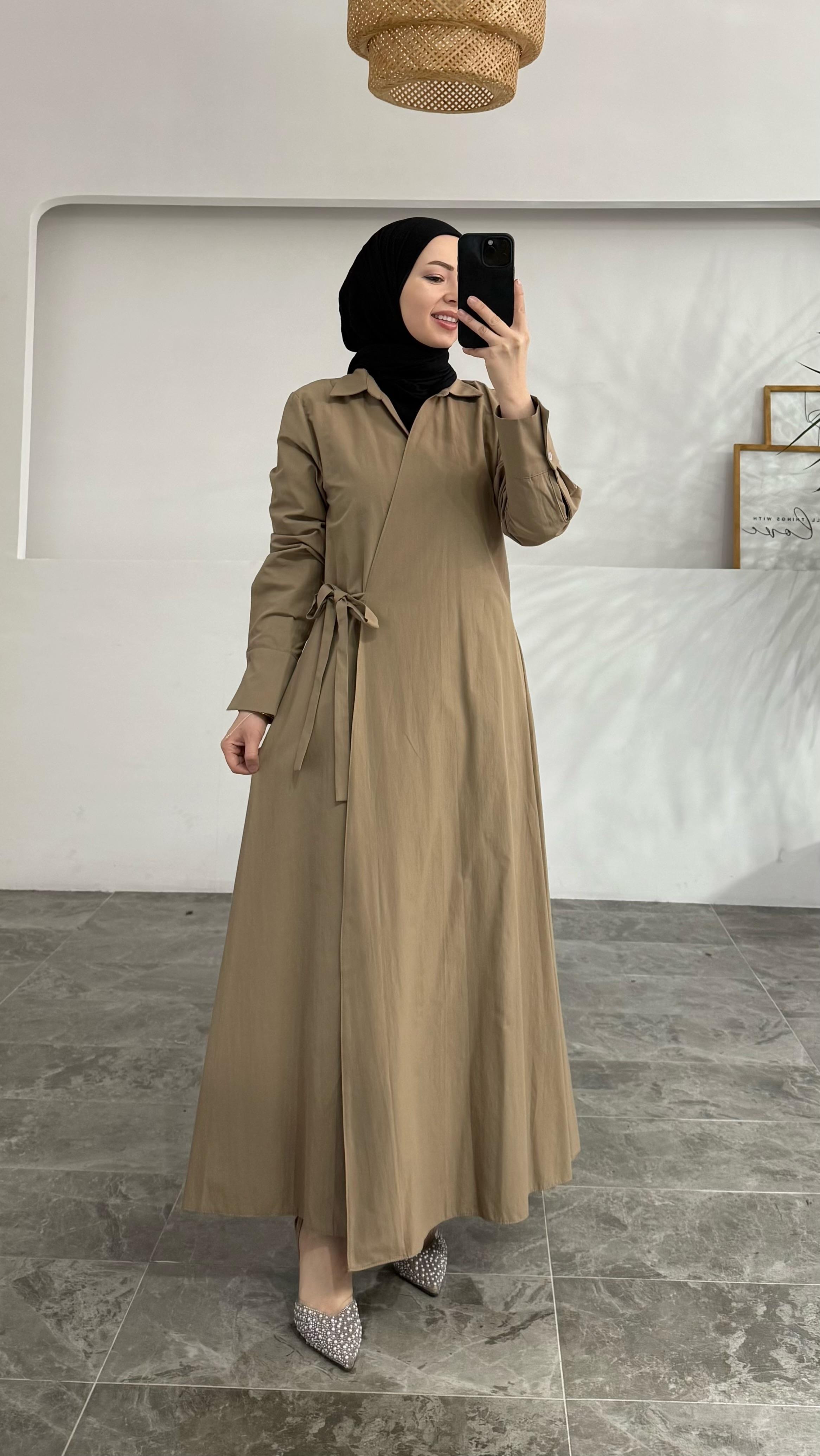 Bessel Kruvaze Yandan Bağlamalı Bej Kahve Elbise 