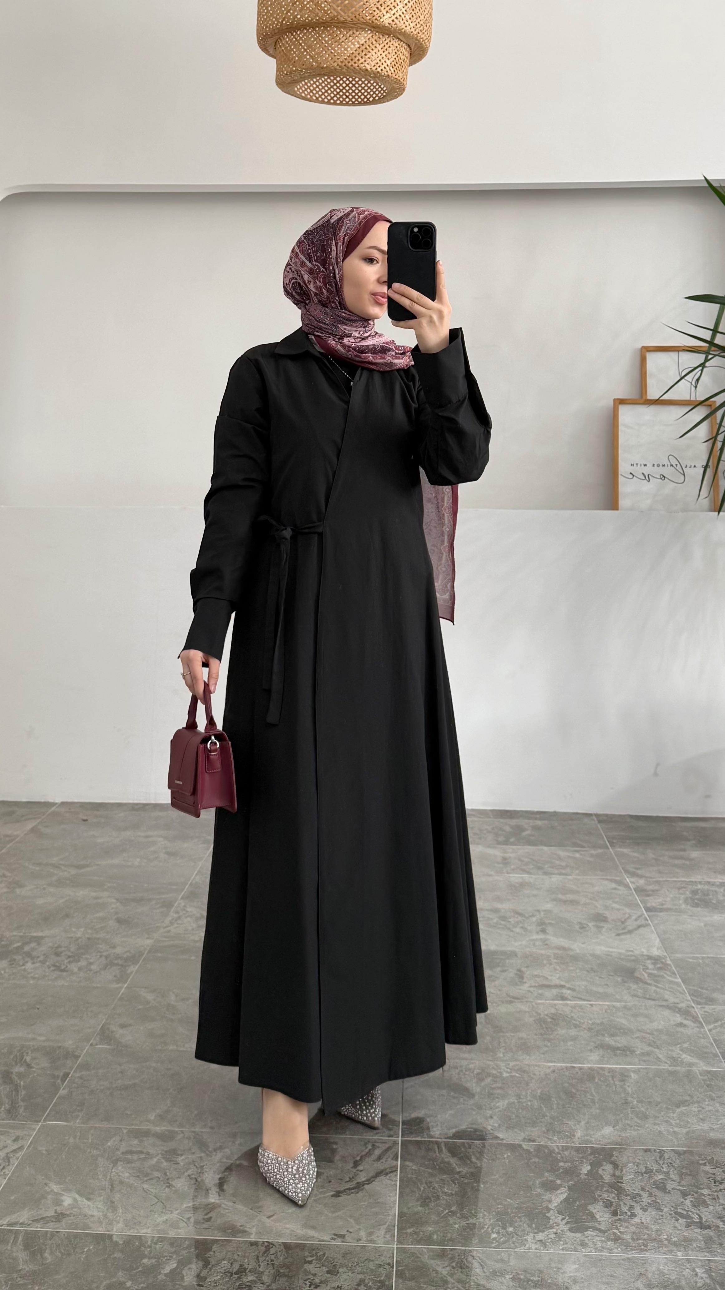 Bessel Kruvaze Yandan Bağlamalı Premium Siyah Elbise 