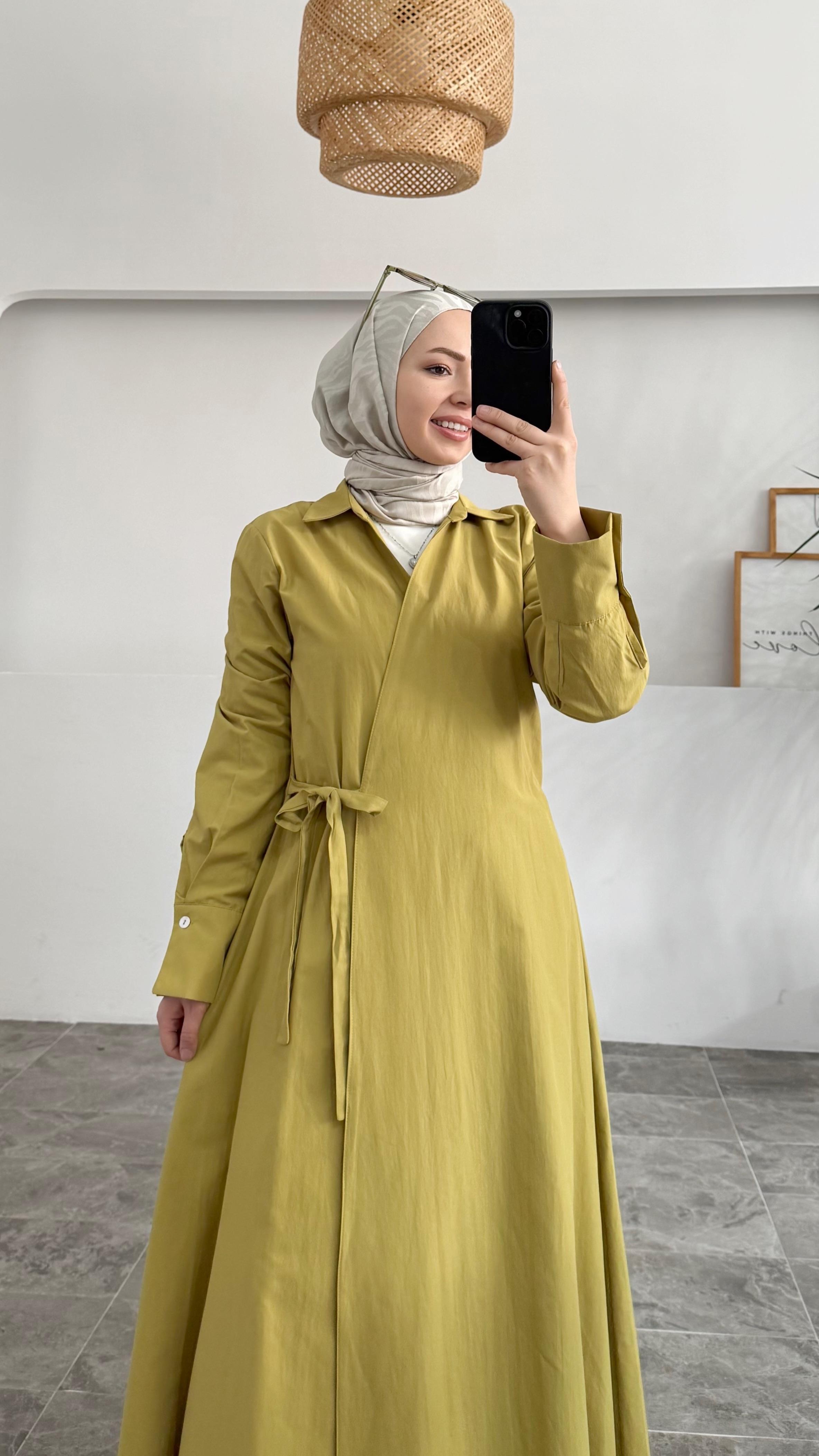 Bessel Kruvaze Yandan Bağlamalı Premium Sarı Elbise 