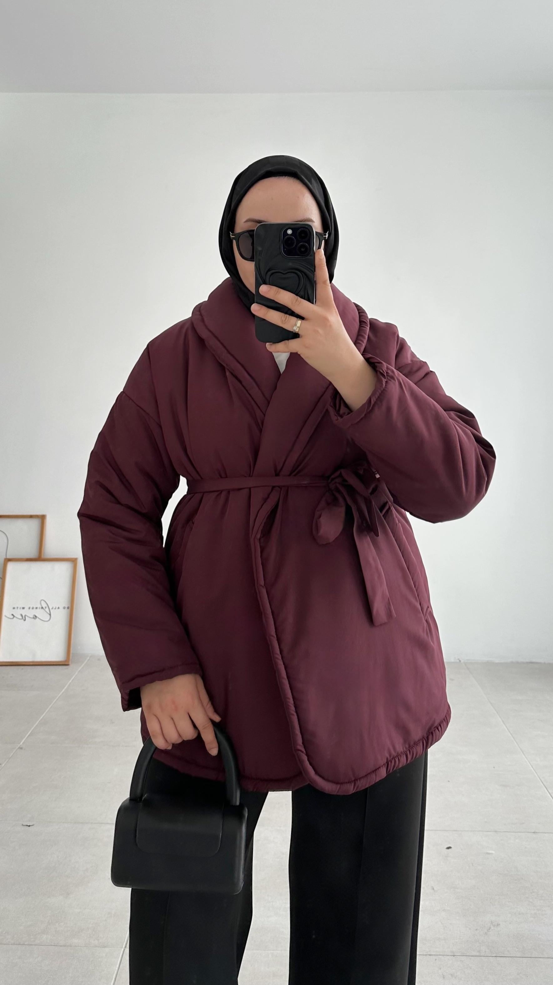 Bony Düz Kemerli Bordo Şişme Mont