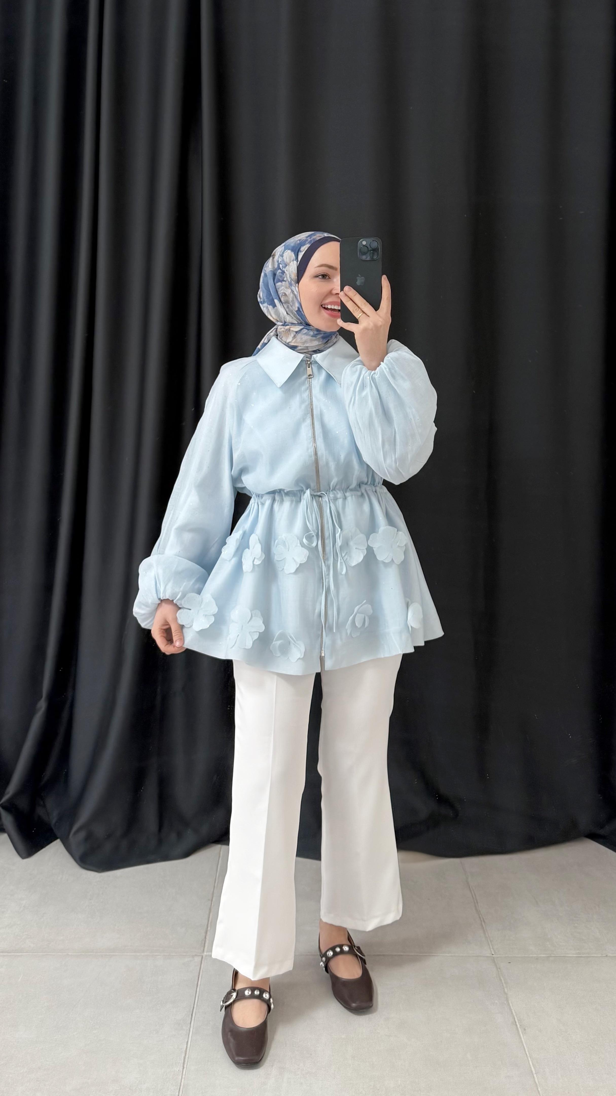 Brook Simli Balon Kol Mavi Ceket