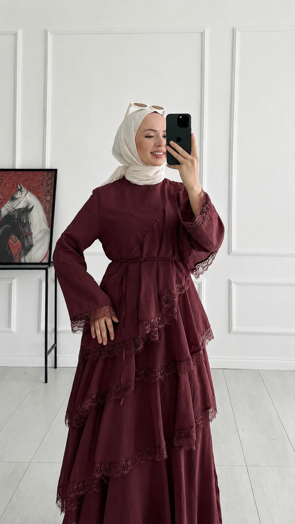 Byel Kat Kat Dantel Tasarım Bordo Elbise