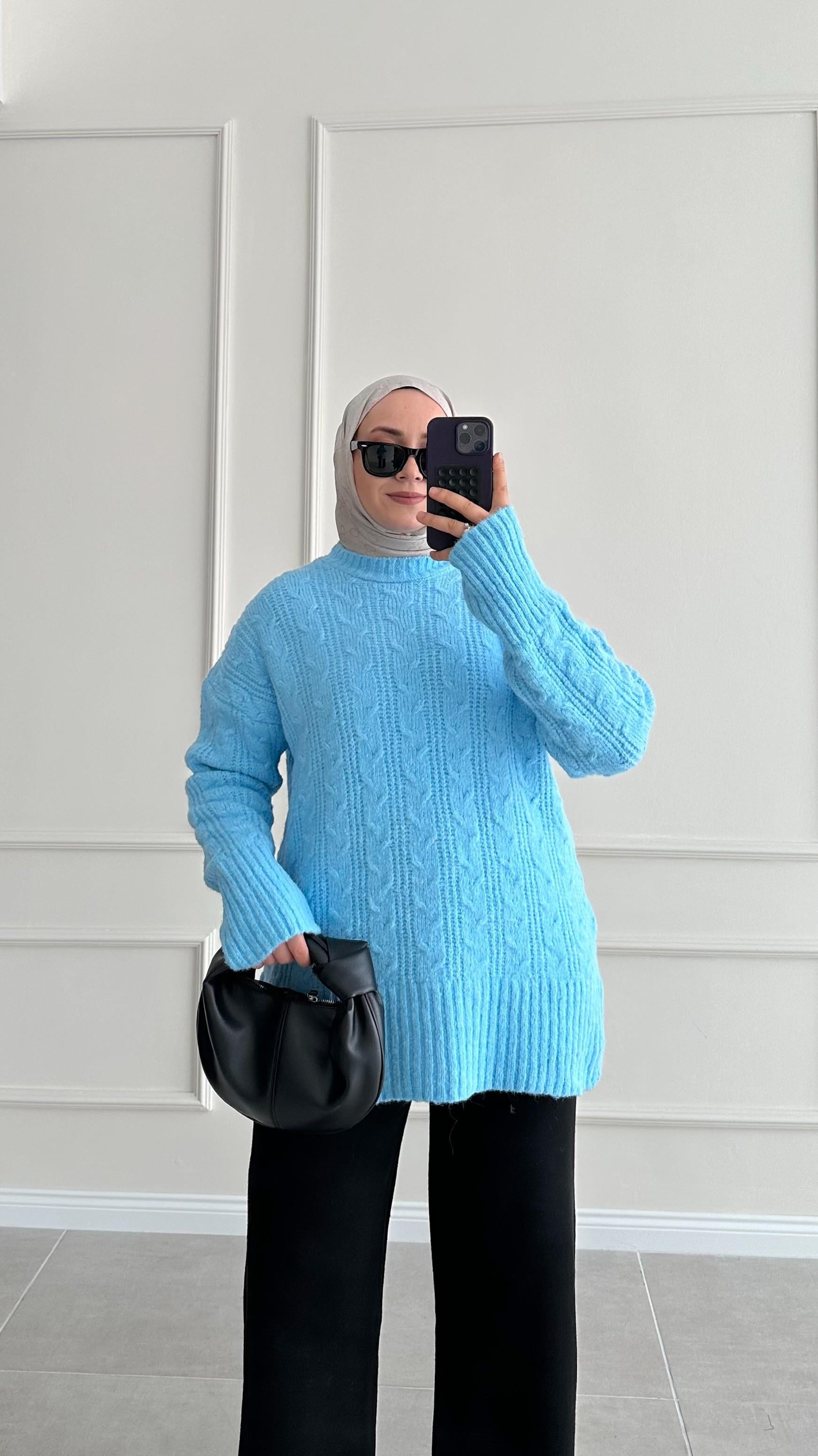 Camila Örgü Desen Mavi Kazak