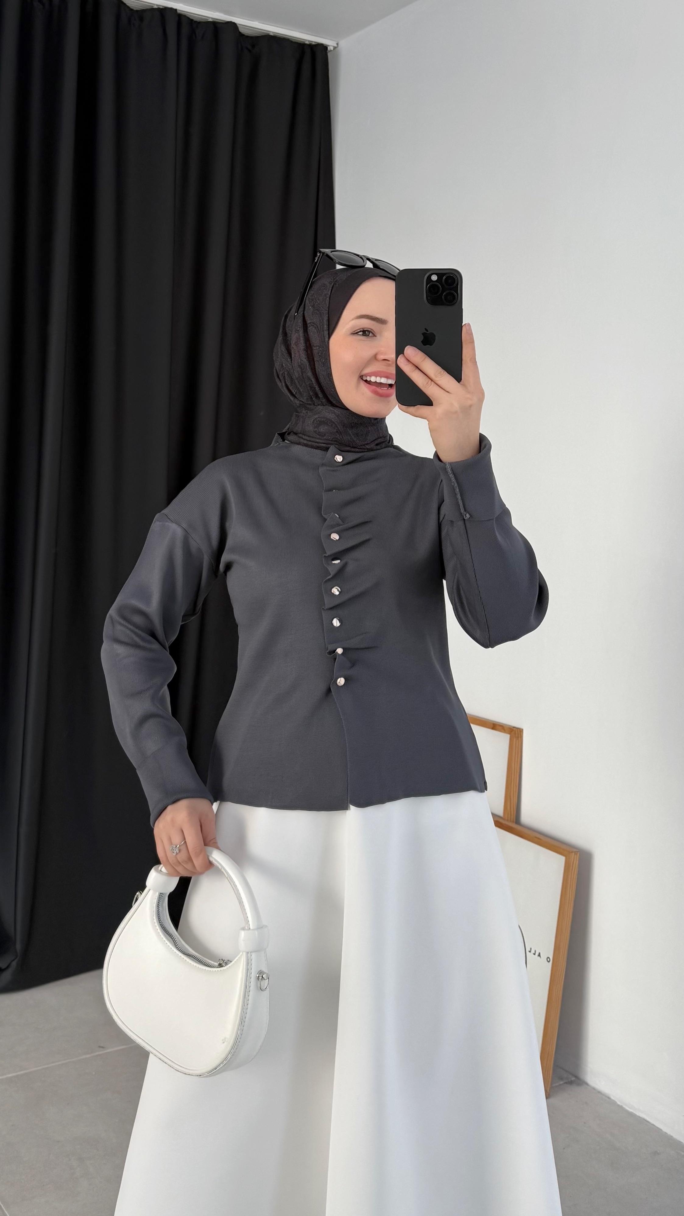 Çies Merserize Fırfırlı Antrasit Hırka