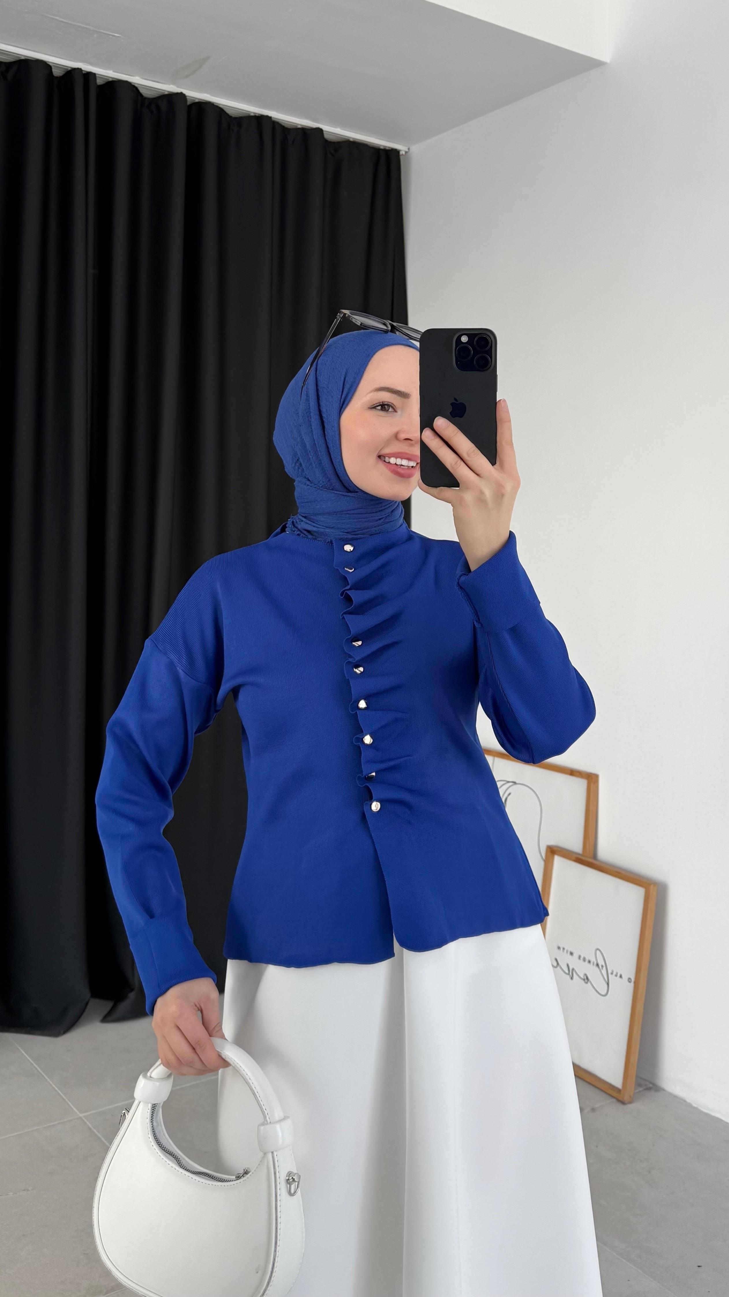 Çies Merserize Fırfırlı Saks Mavi Hırka