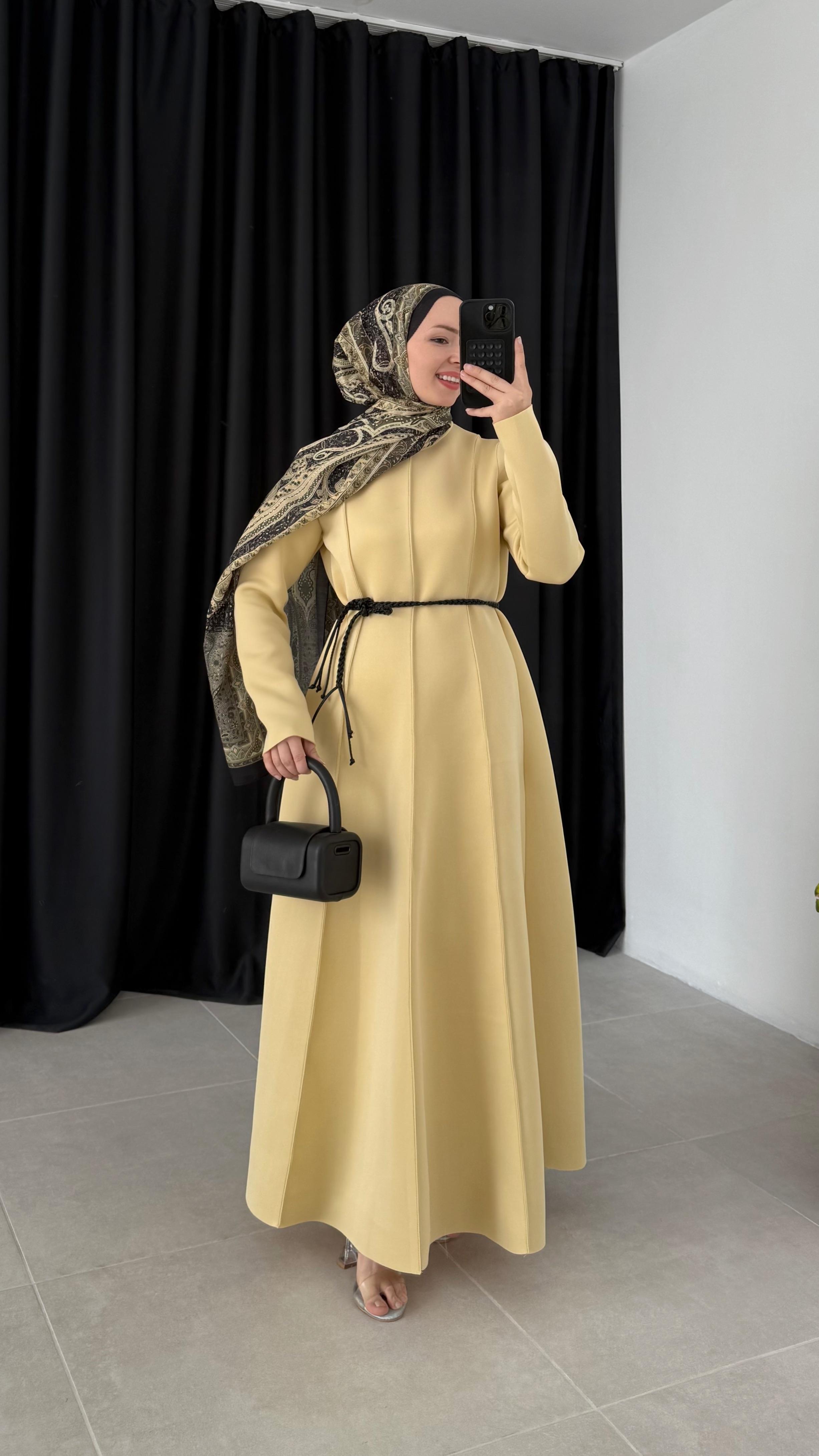 Claire Premıum Puf Scuba Sarı Elbise