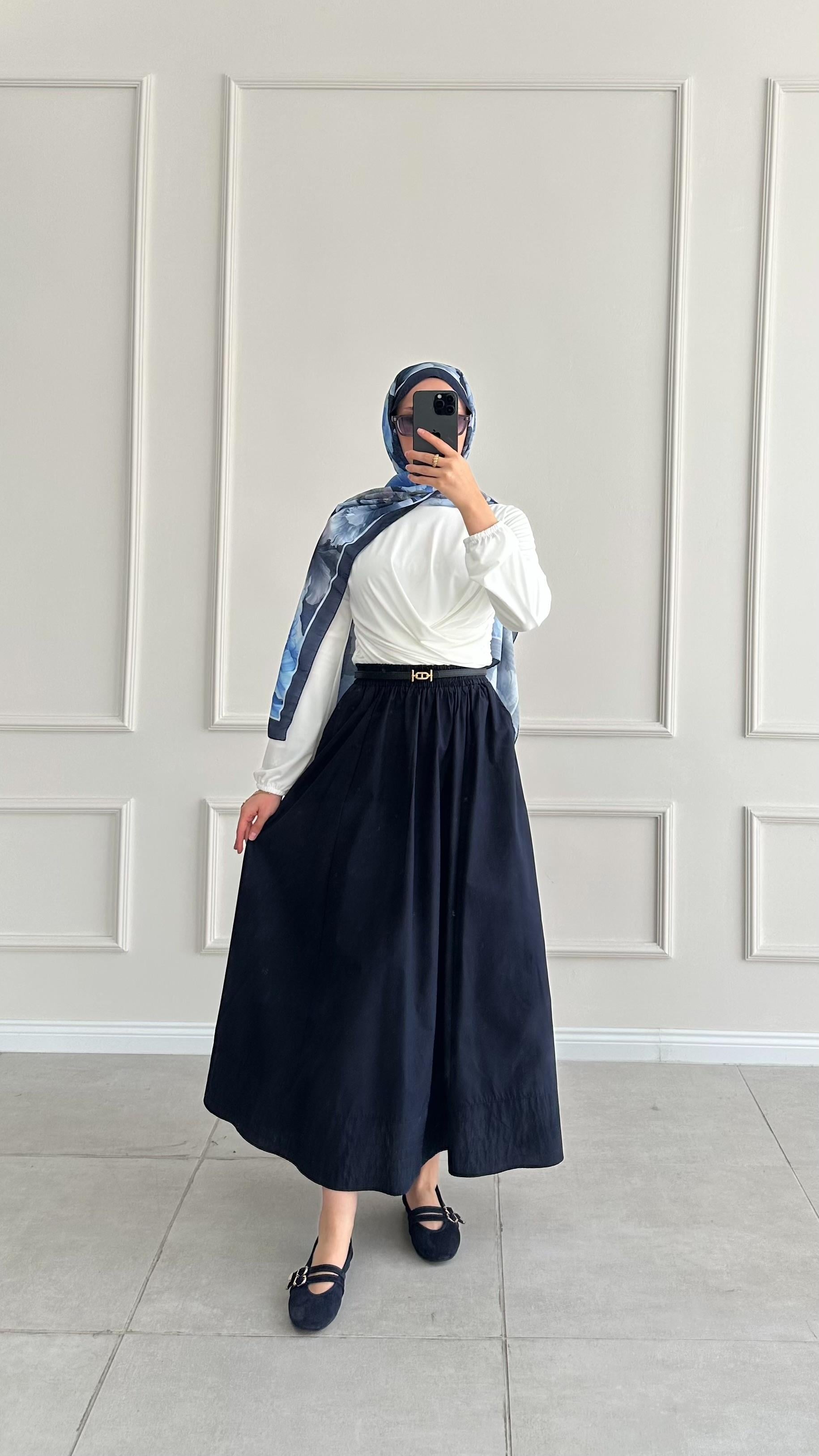 Darlas Dikişli Lacivert Poplin Etek