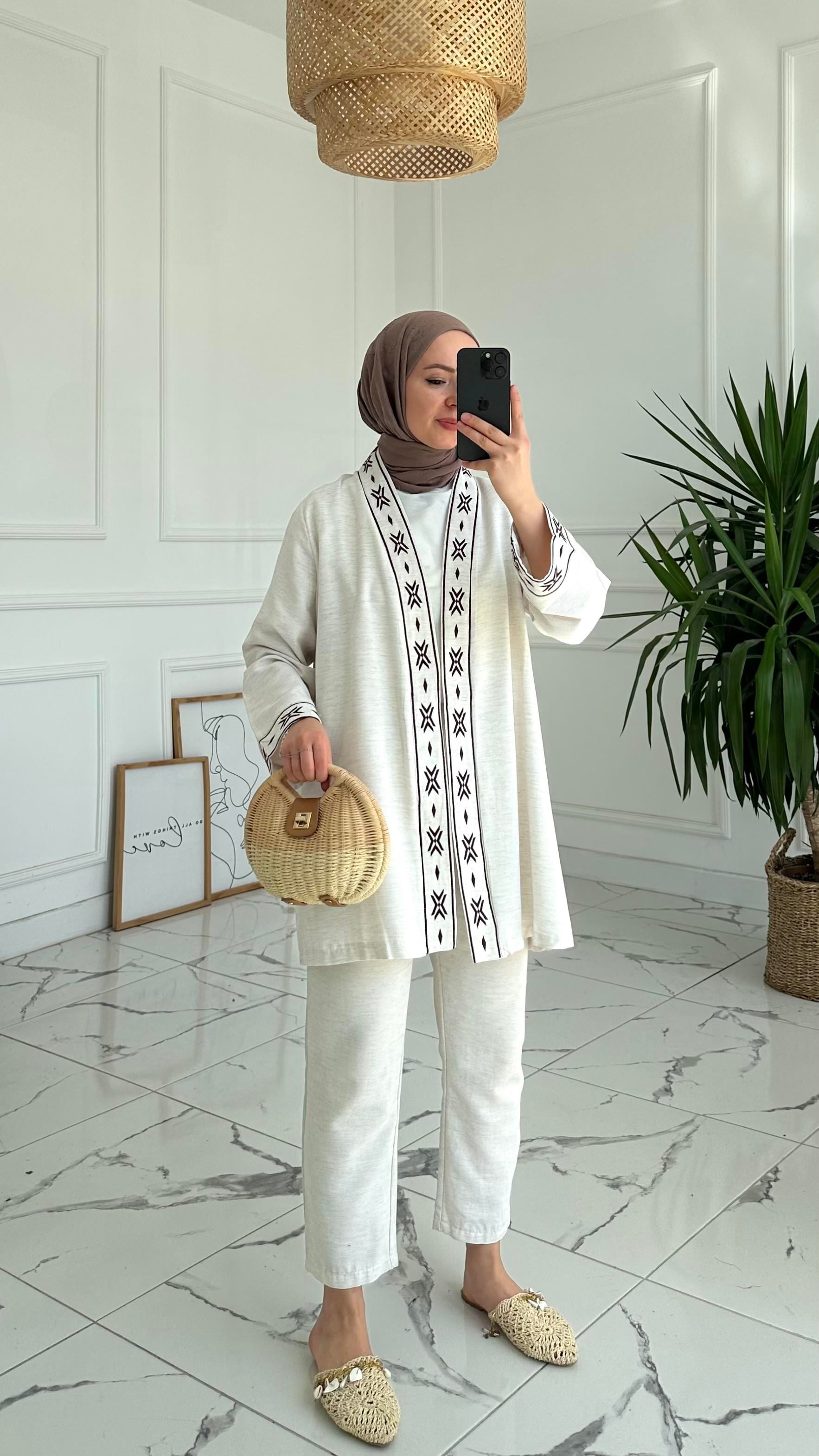 Dasia Nakışlı Keten Kimono