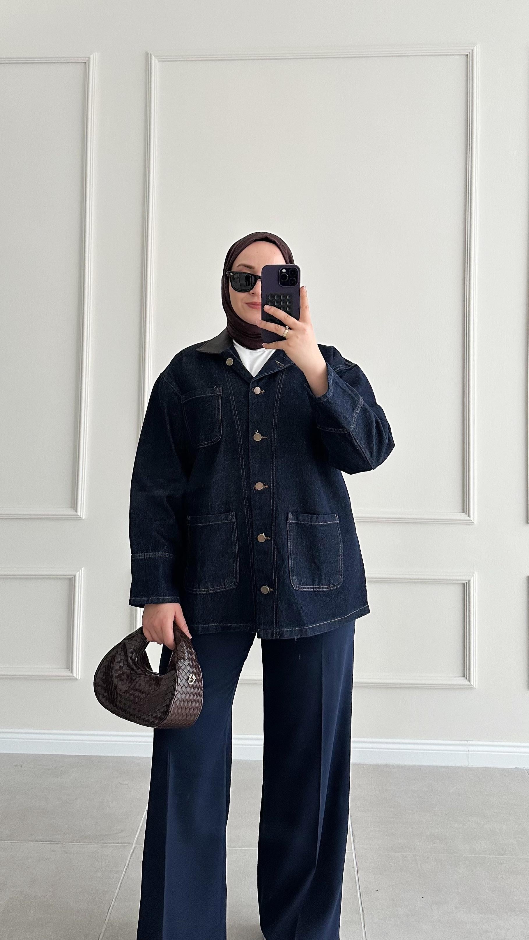 Dello Lacivert Denim Deri Yaka Ceket