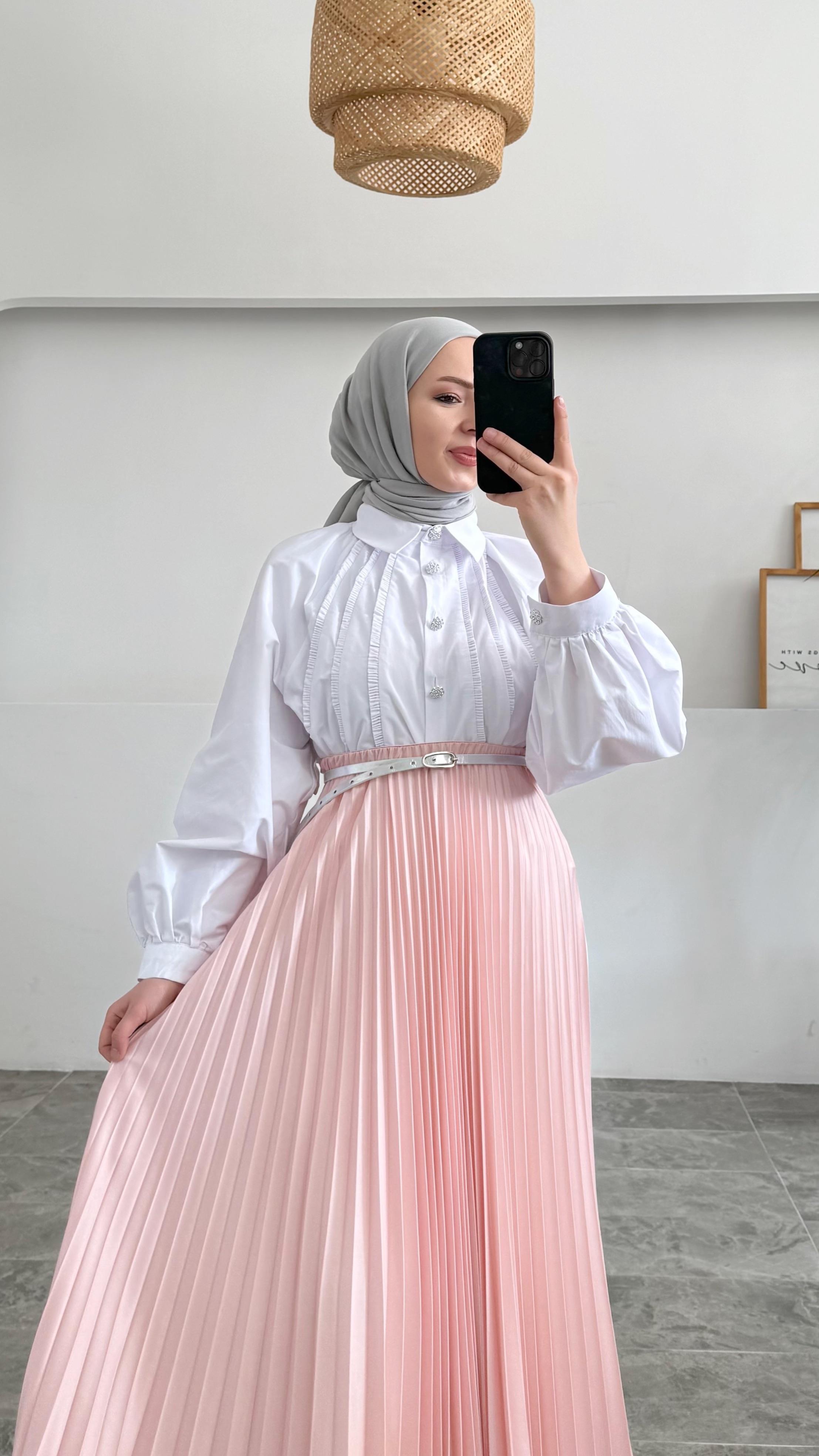 Diana Toz Pembe Piliseli Etek