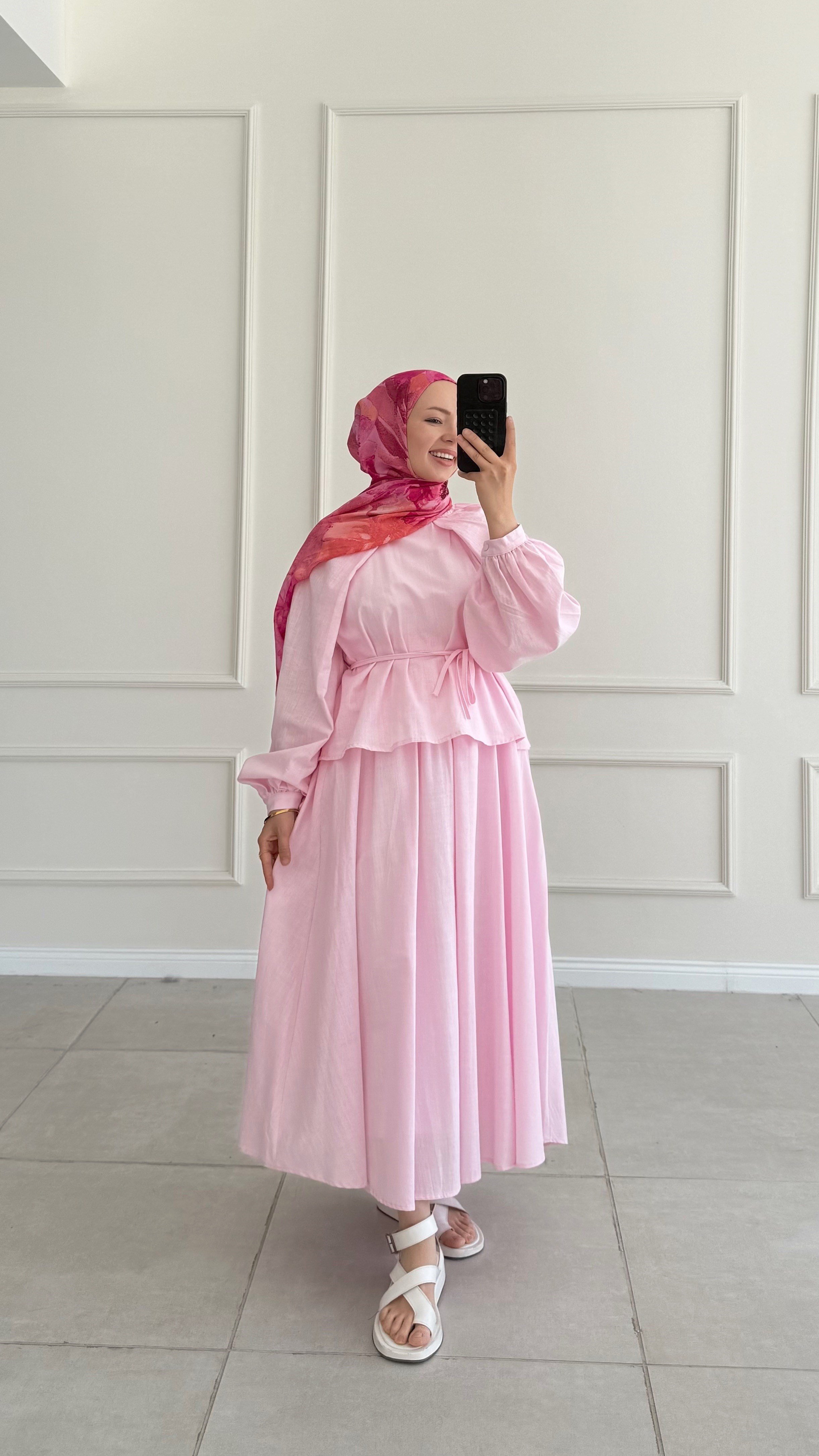 Dina Kol Detaylı Keten Pembe Takım  