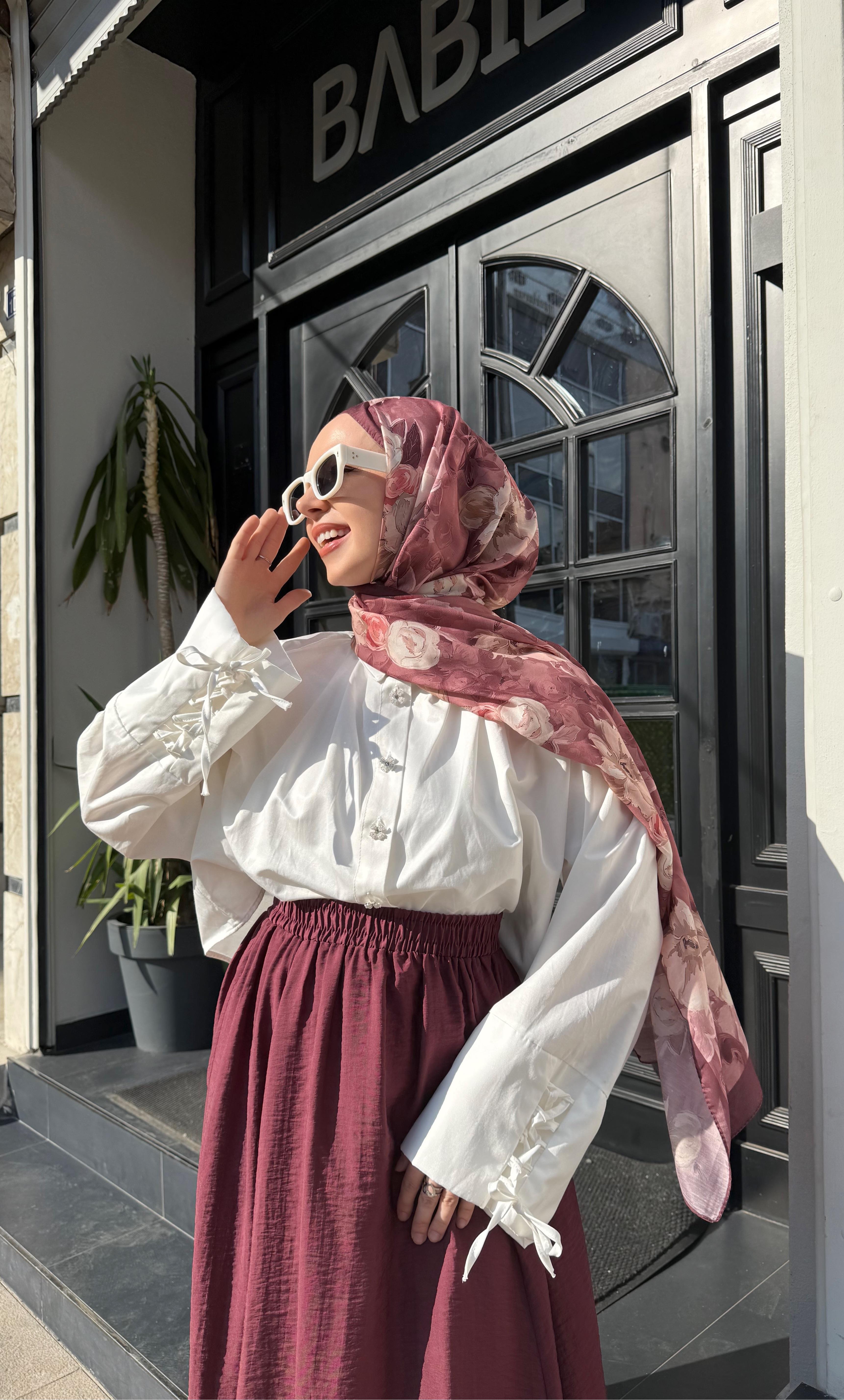 Dion Çiçek Desenli İpek Bordo Şal