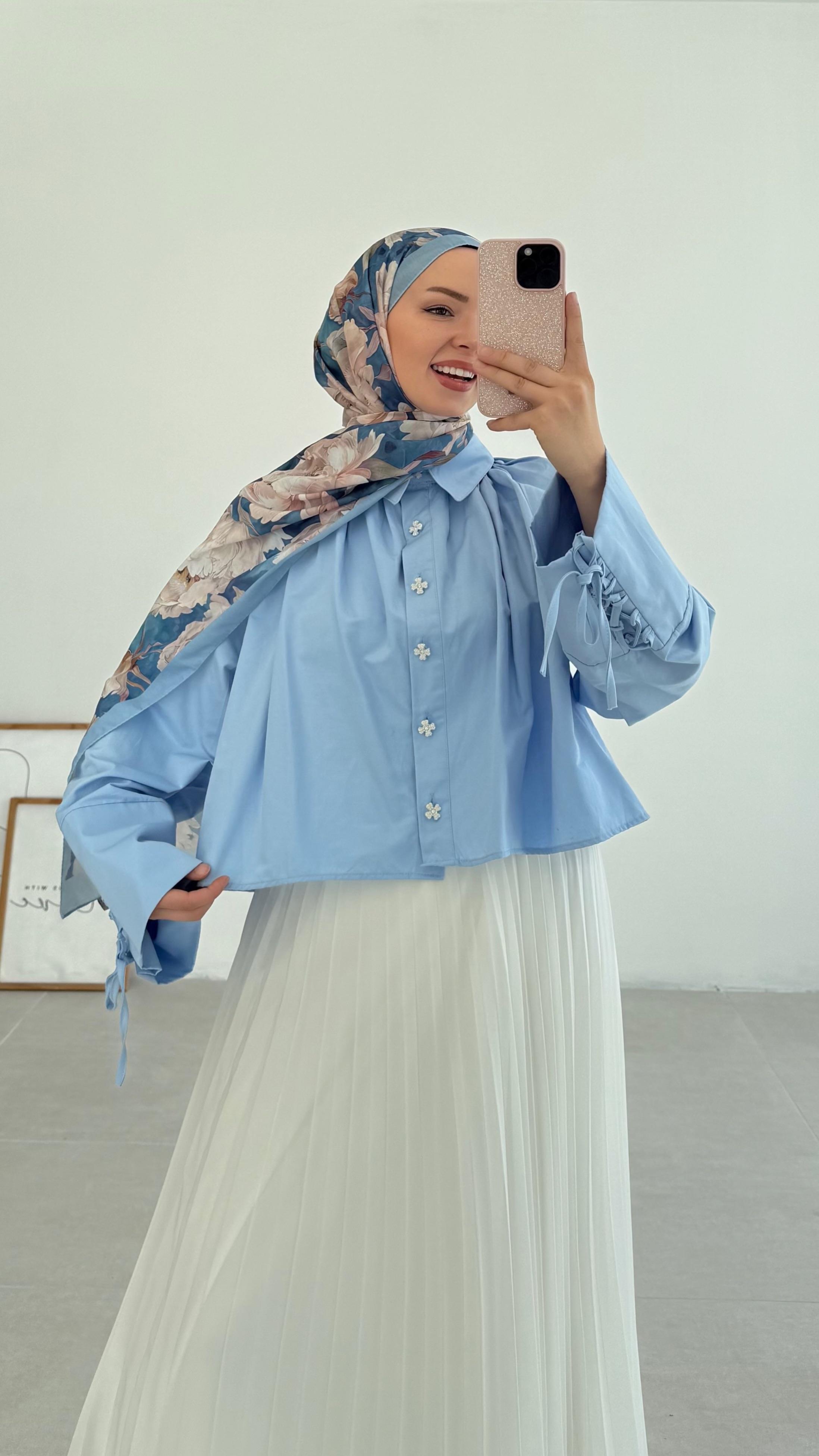 Dion Çiçek Desenli İpek Mavi Şal