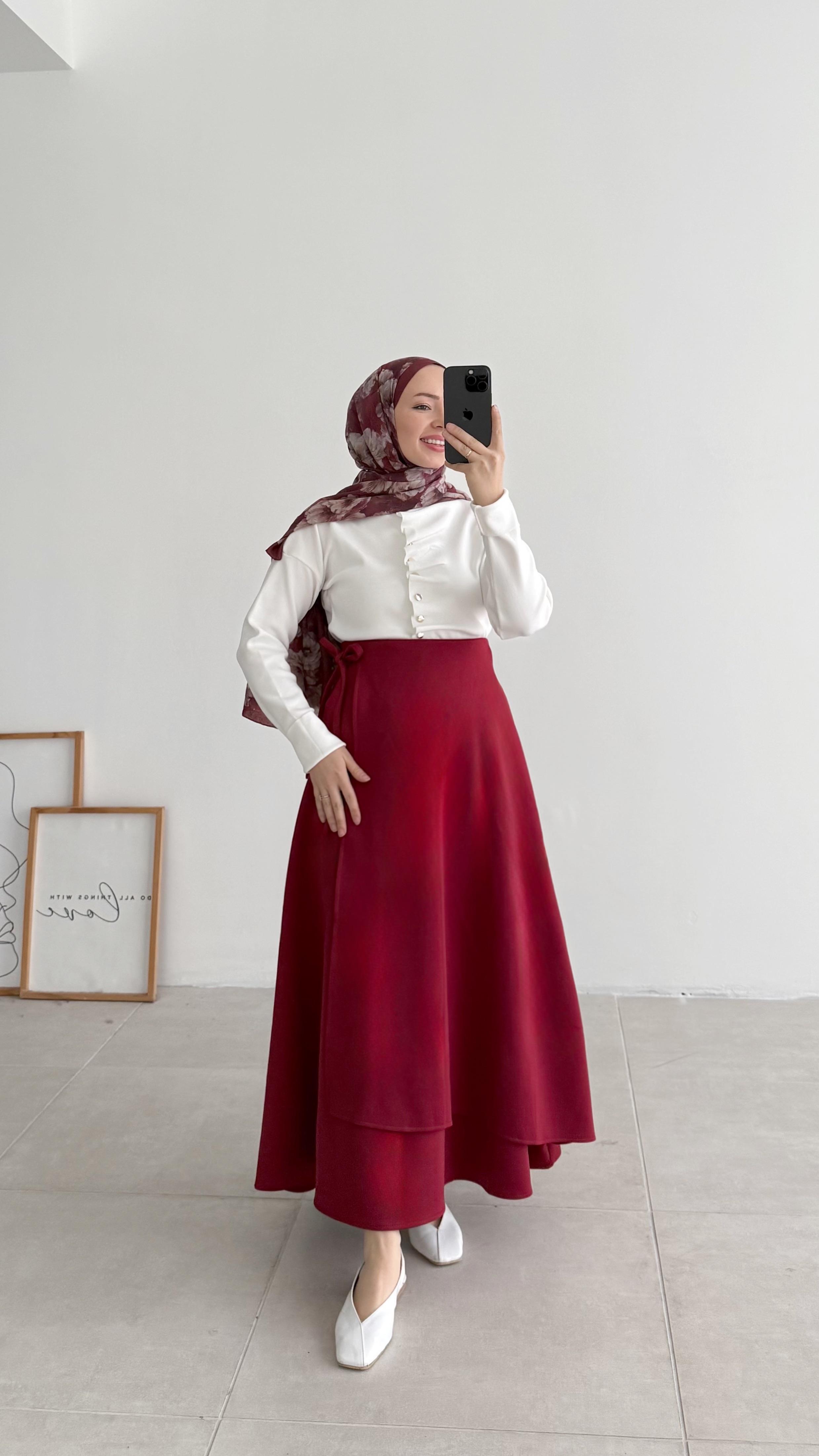 Dora Yandan Bağlama Bordo Etek