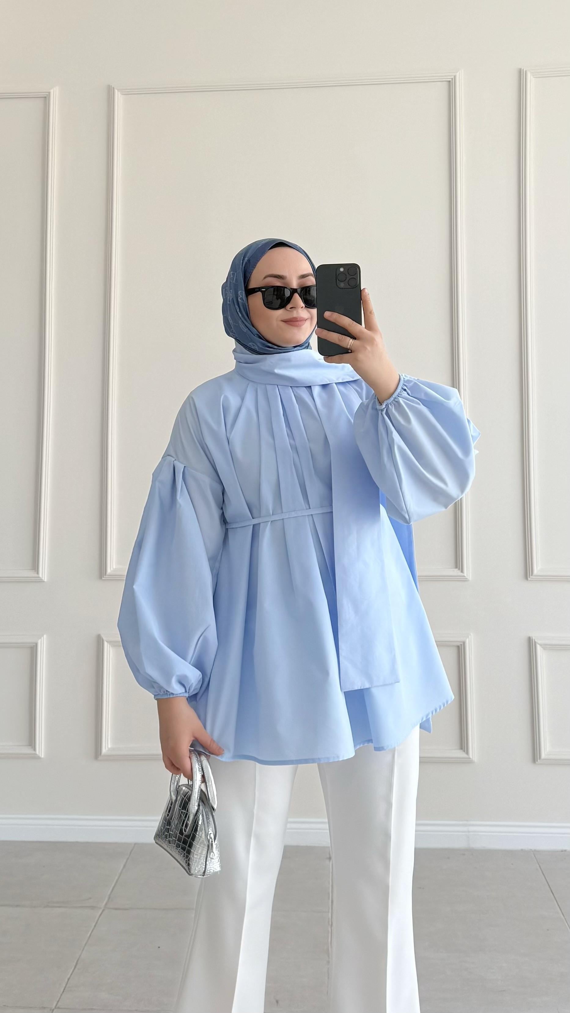 Elara Şallı Pileli Mavi Gömlek